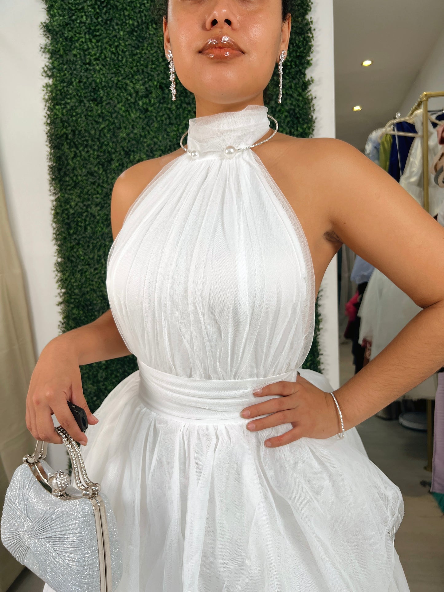 White Tulle Halter Layered Gown