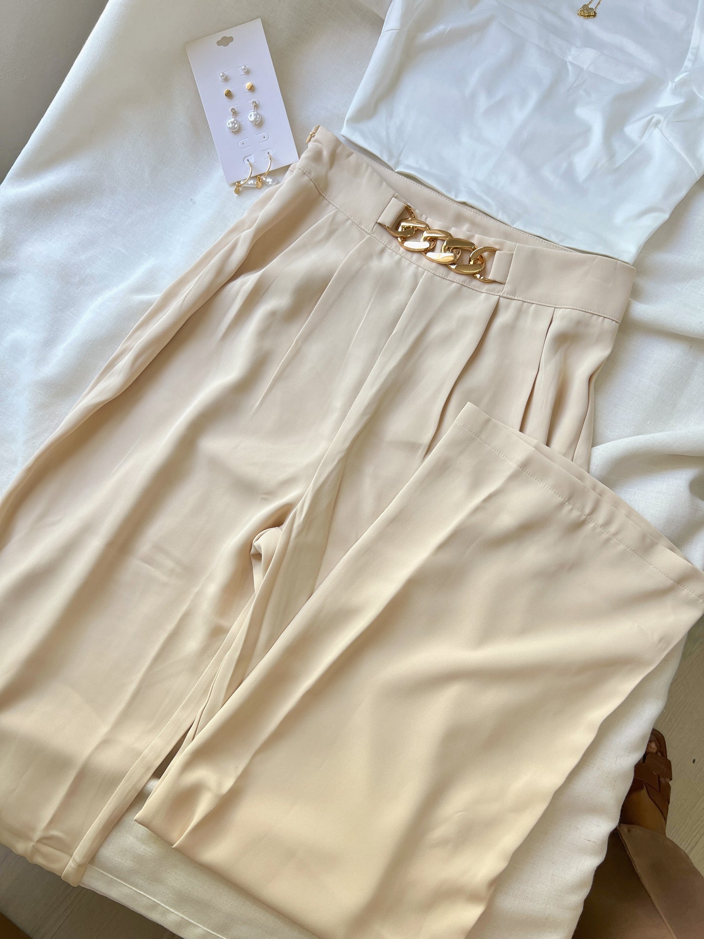 Cream Gold Chain Pendant Wide Leg Trouser
