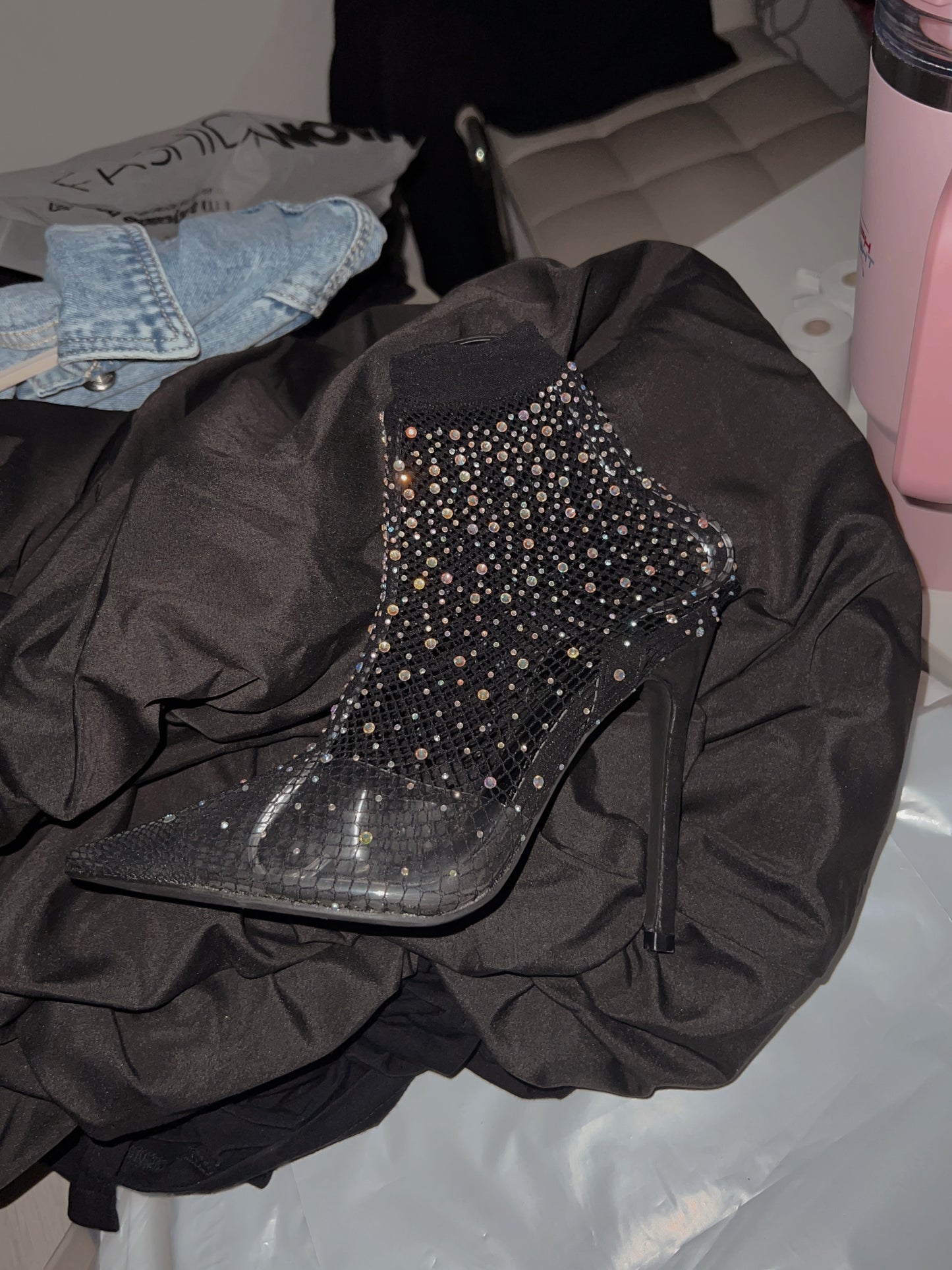 Fishnet Embellished Calf Boots