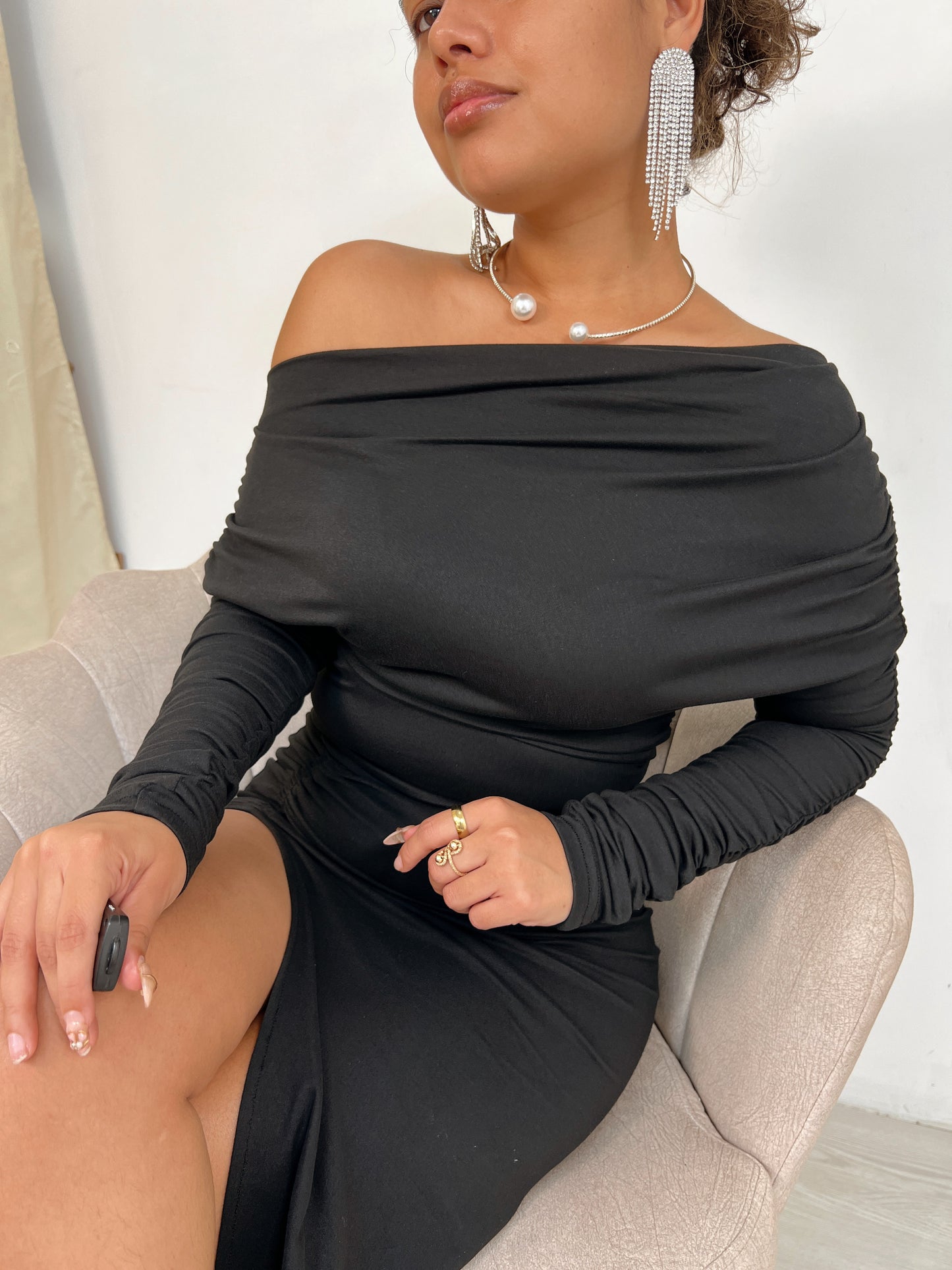 2pc Black Asym Sleeved Top & Long Skirt