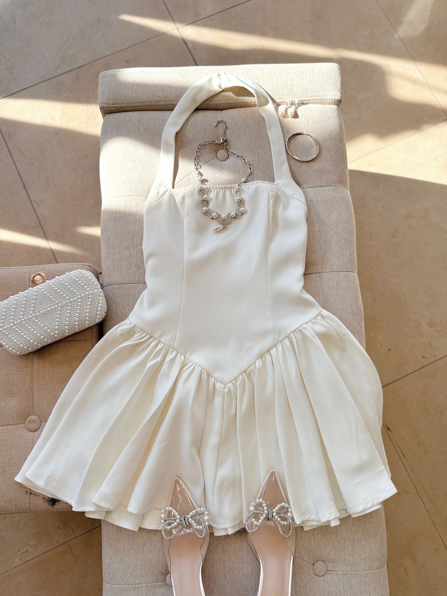 Off White Pleated Halter Mini Dress
