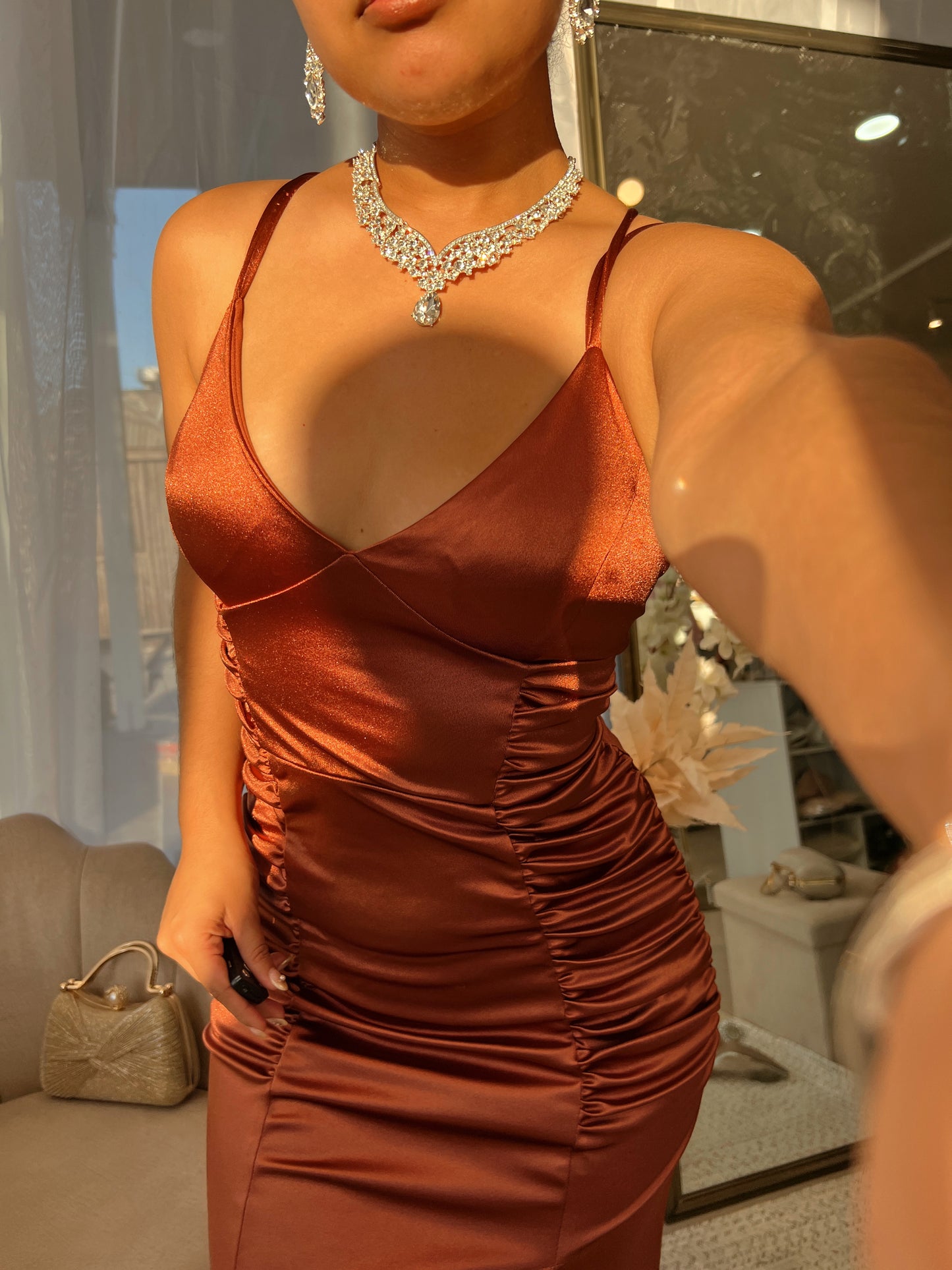 Rust Satin Laced Back Gala Dress