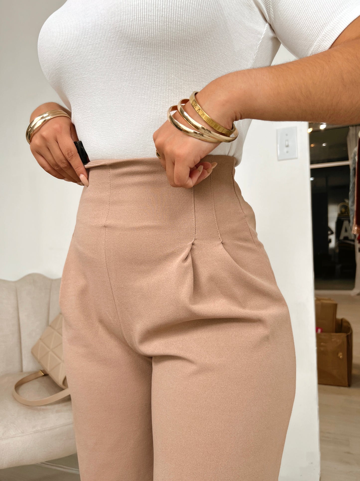 Mocha Wide Leg Waist Detailed Trousers