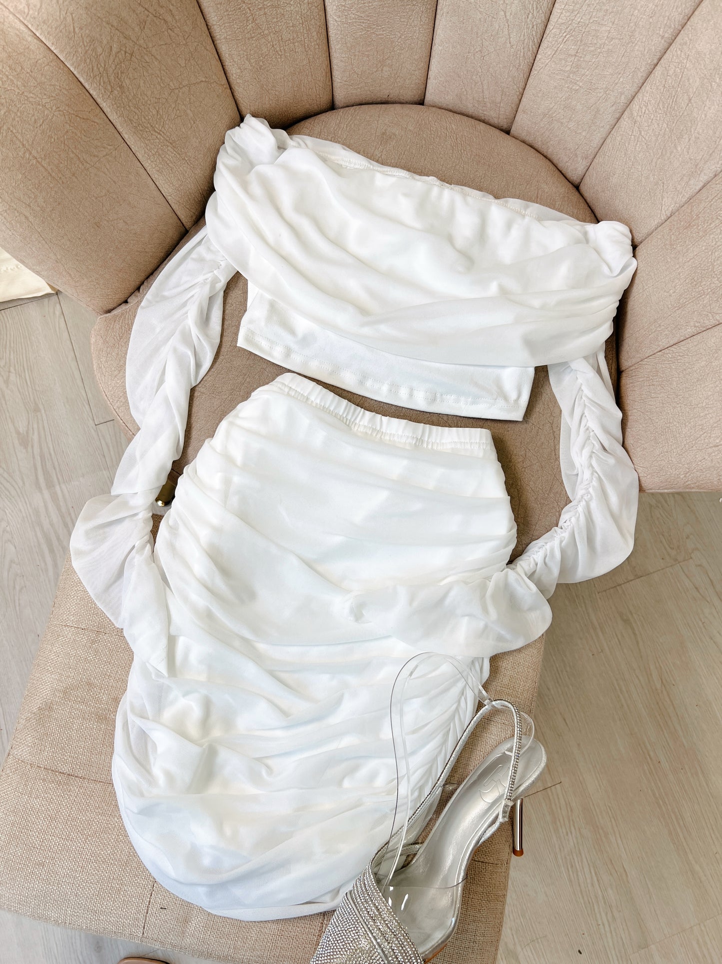 White Off Sleeve Mini Skirt Set