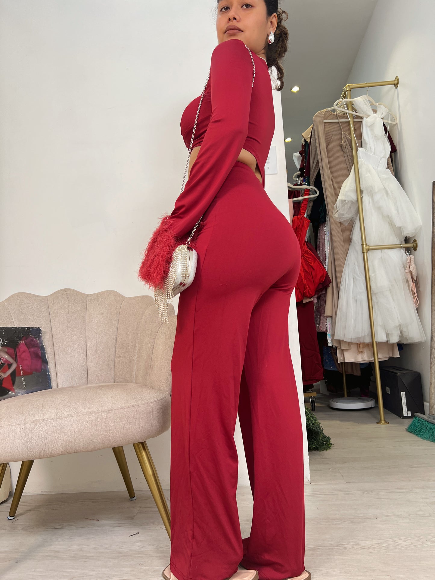 Burgundy Fuzzy Sleeved Pants Set