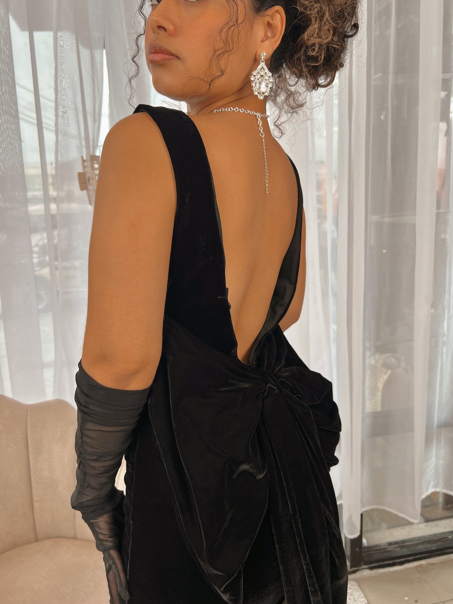 Black Velvet Bow Mini Dress