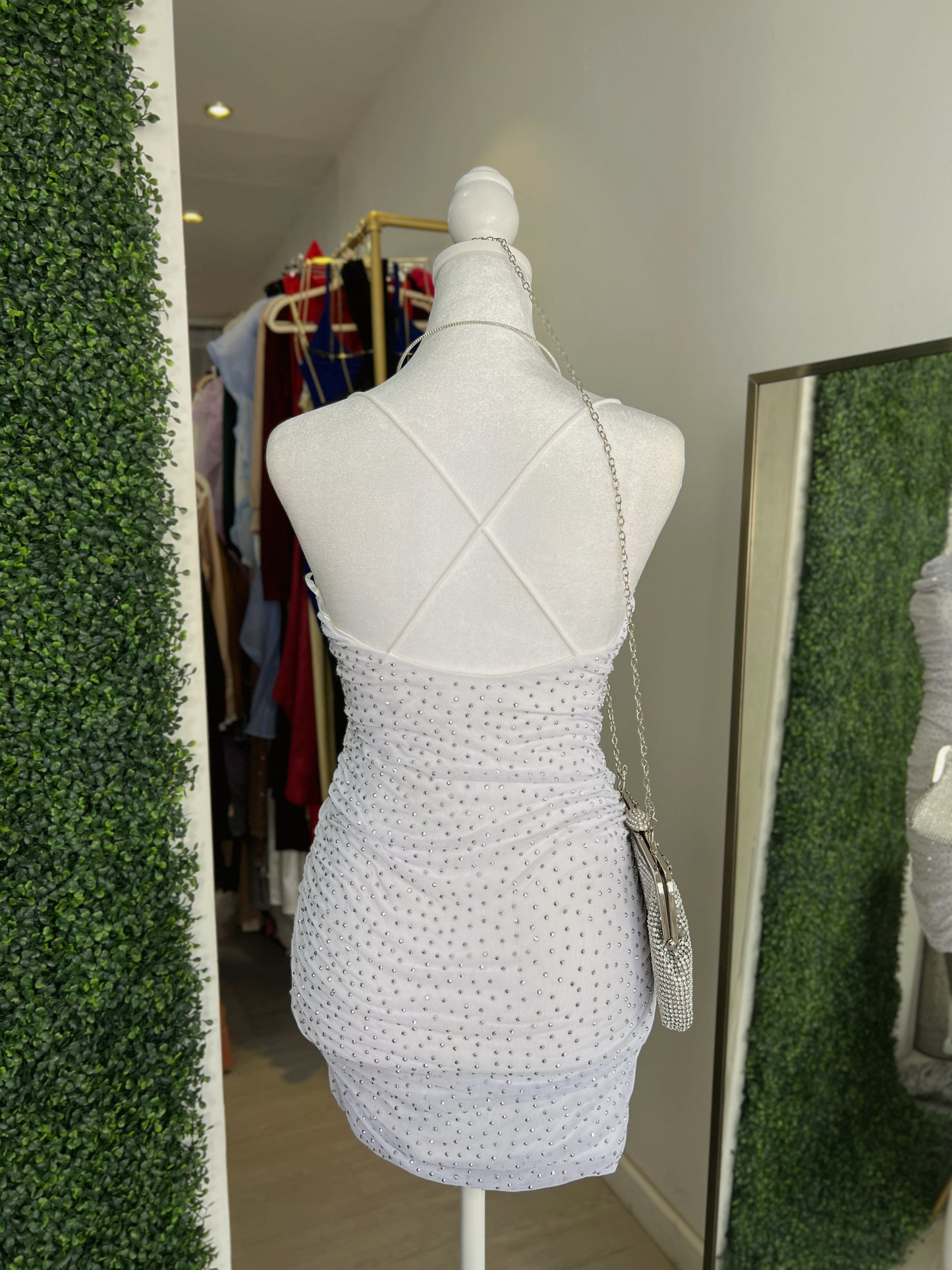 White Rhinestone Embellished Mini Dress