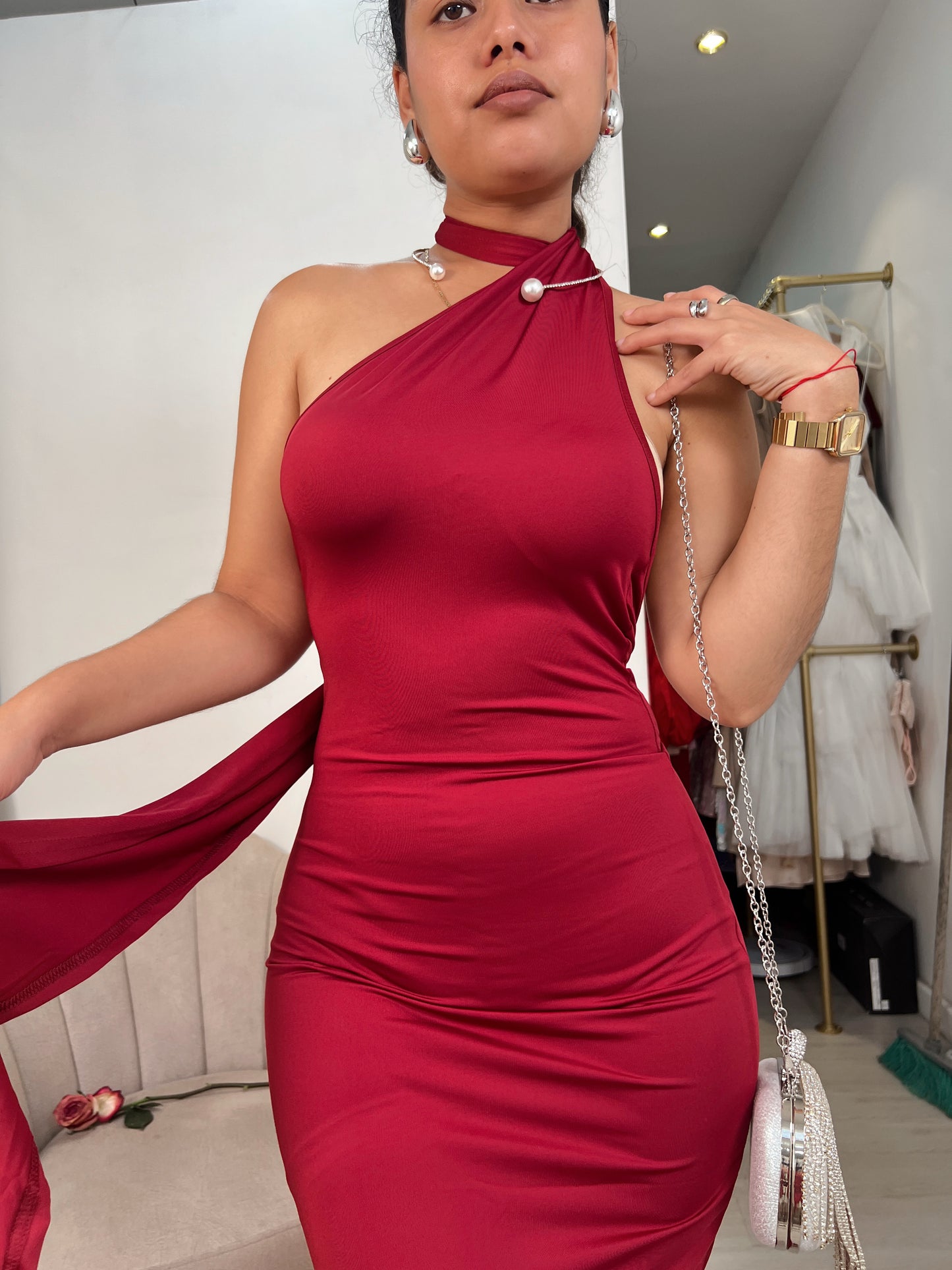 Burgundy Scarf Tie Back Maxi Dress