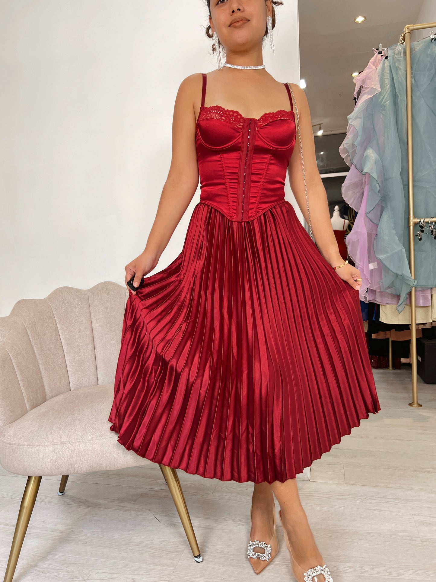 Maroon Metallic Pleated Skirt Only