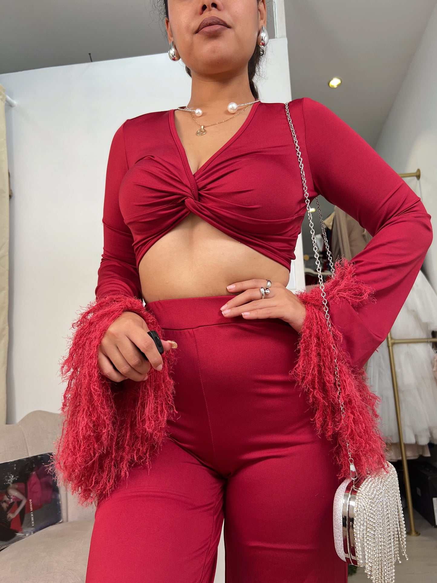 Burgundy Fuzzy Sleeved Pants Set