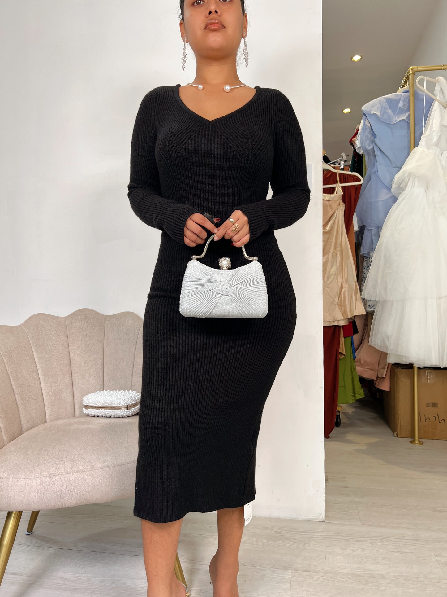 Black Rib-knit Sweater Midi Dress