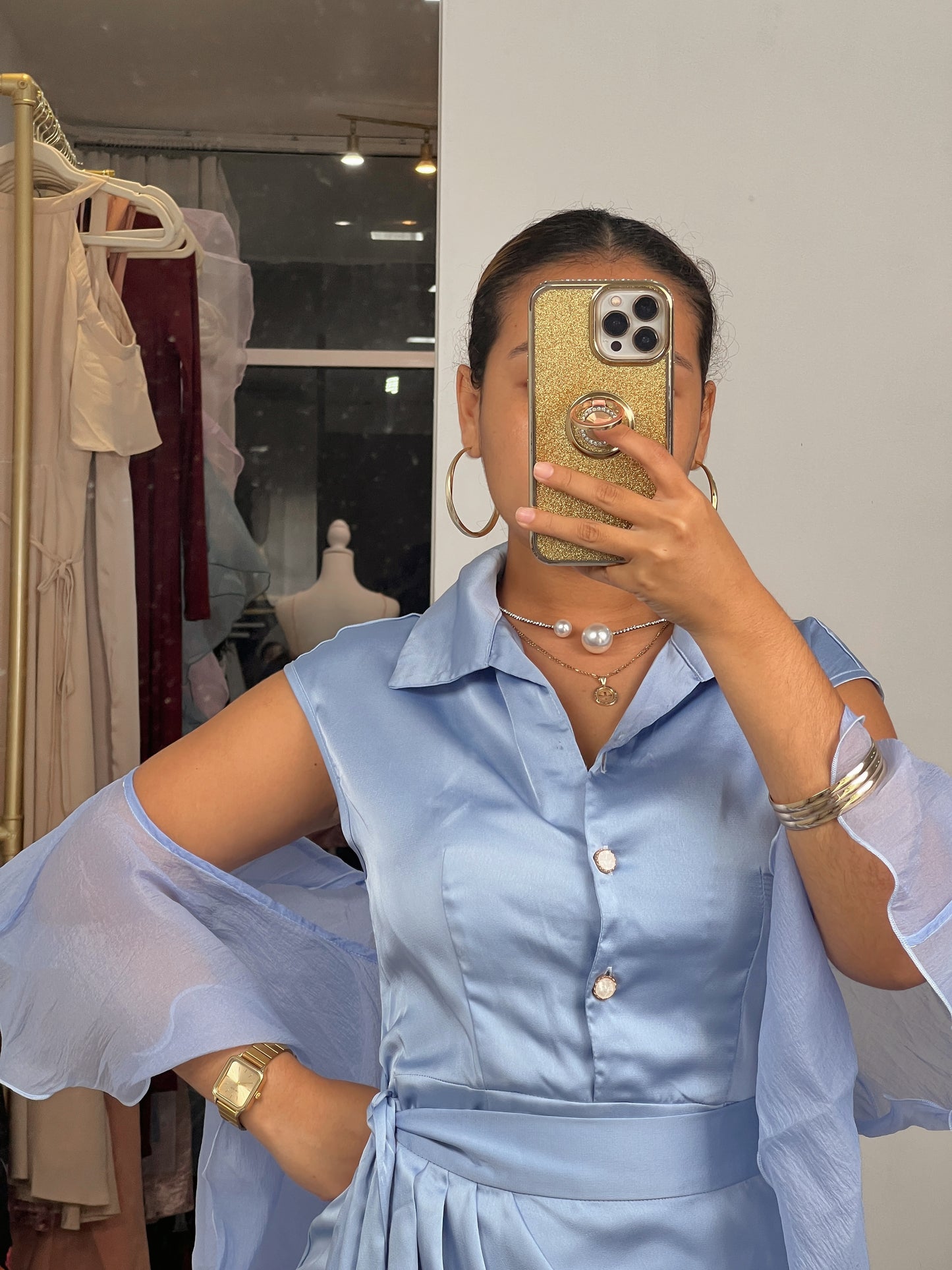 Sky Satin Wrap Button Maxi Dress + Mesh Shawl