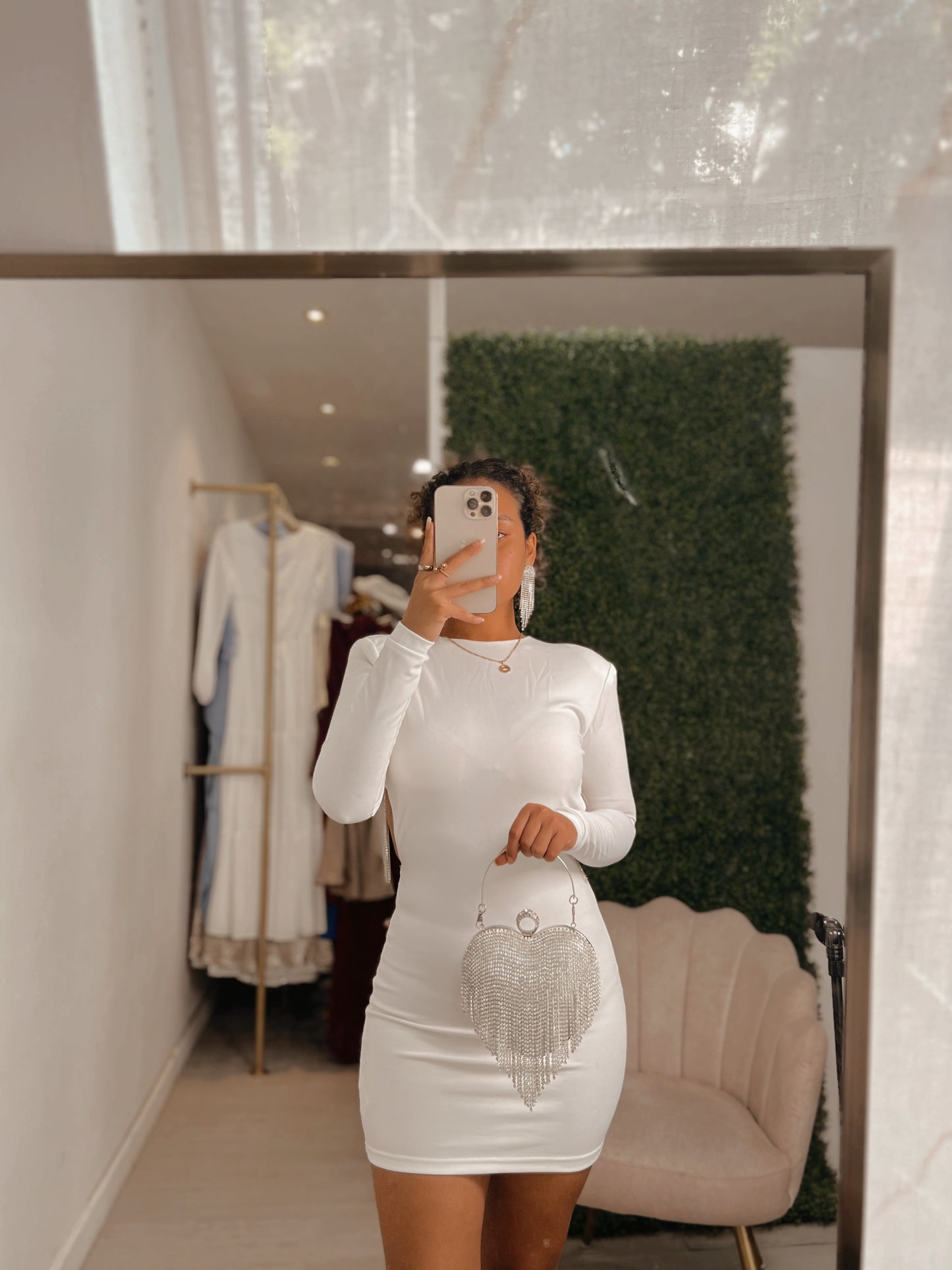White Rhinestone Frill Open Back Mini Dress
