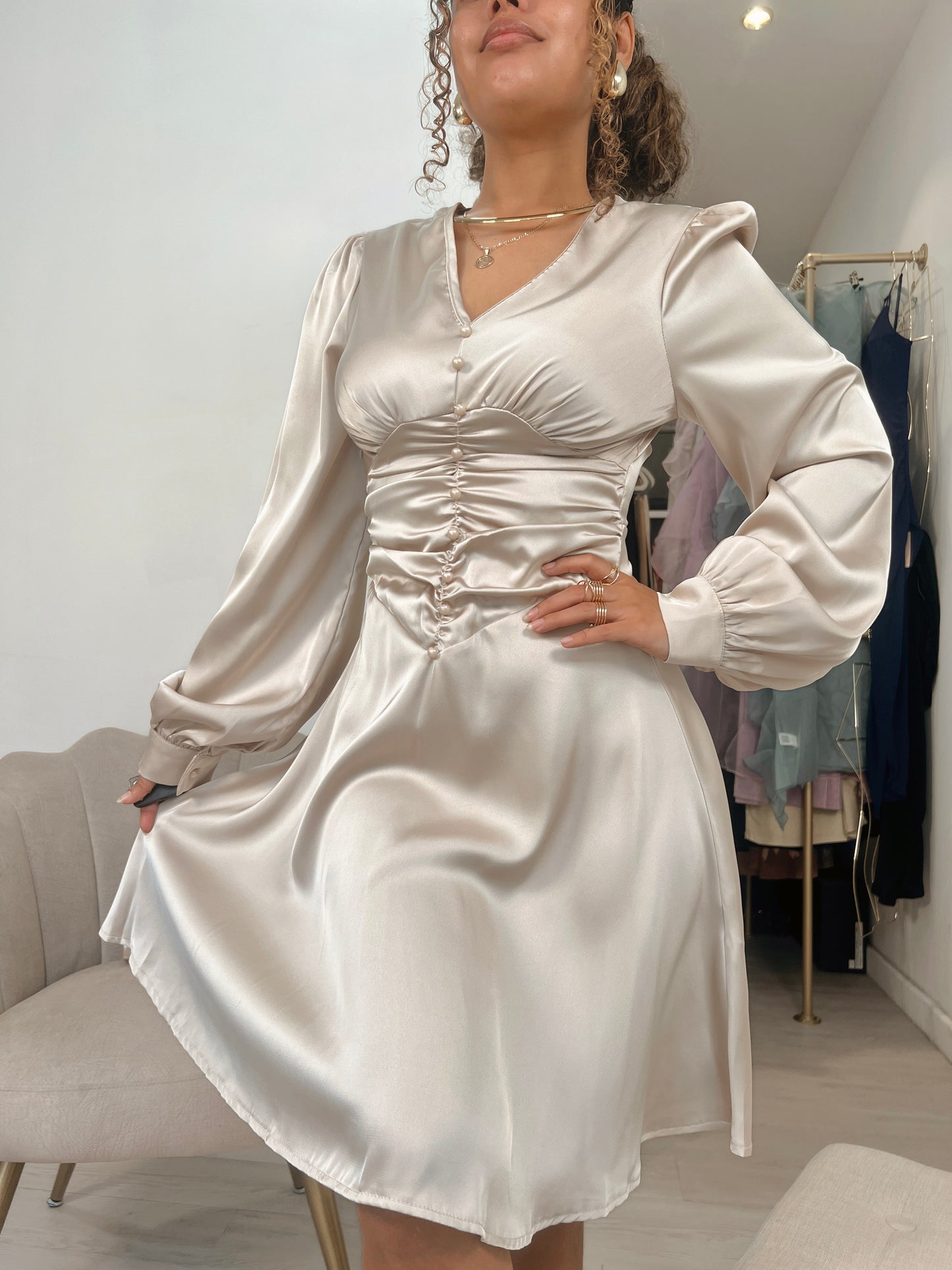 French Beige Satin bishop Sleeve A-Line Dress