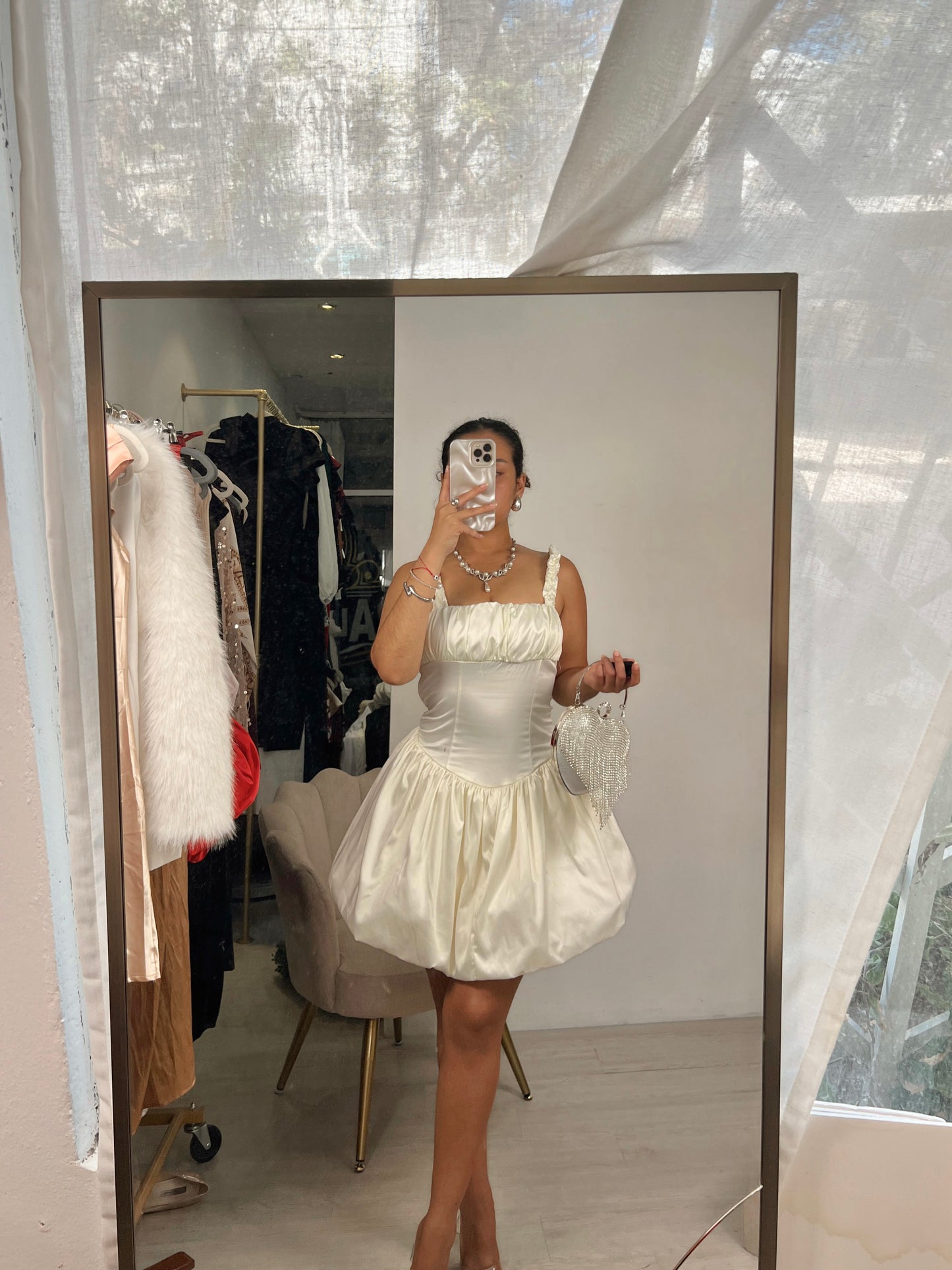 Off White Bubble Satin Dress
