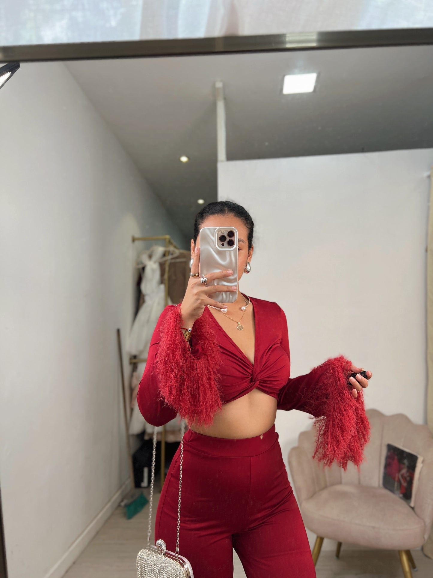 Burgundy Fuzzy Sleeved Pants Set