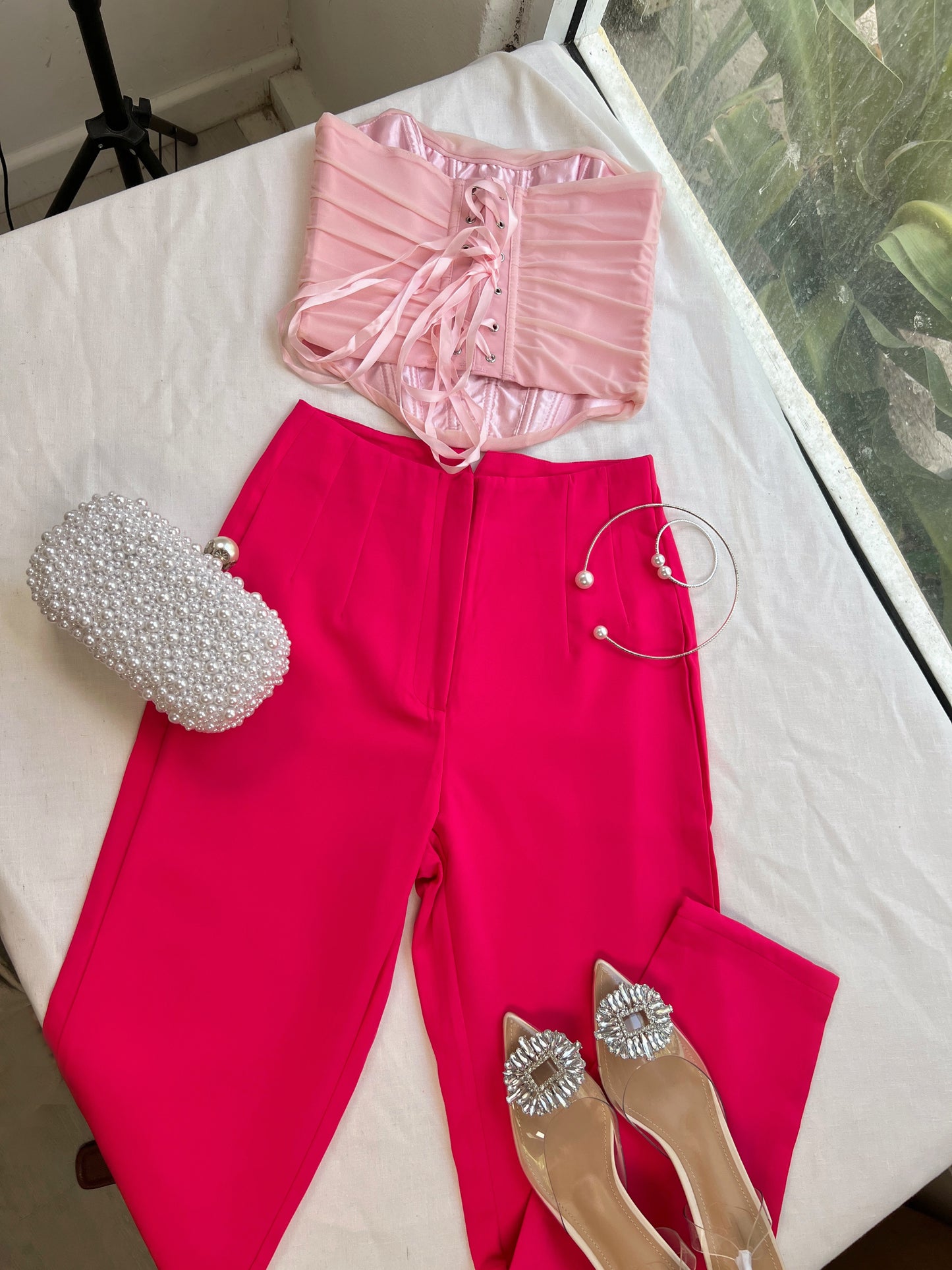 Pink Detailed Straight Trousers