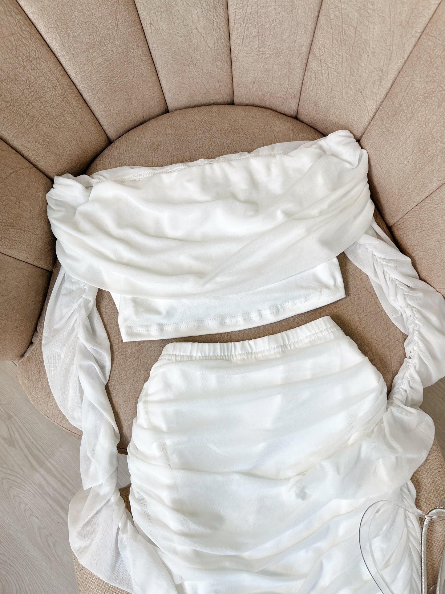White Off Sleeve Mini Skirt Set