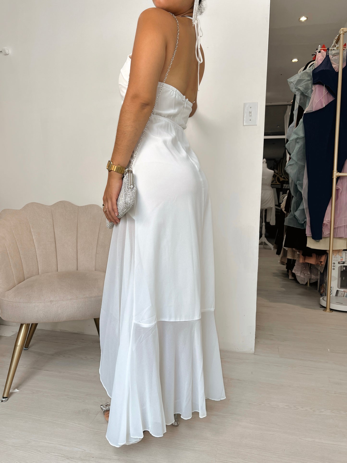 White layered Halter Ruffle Hem Maxi Dress