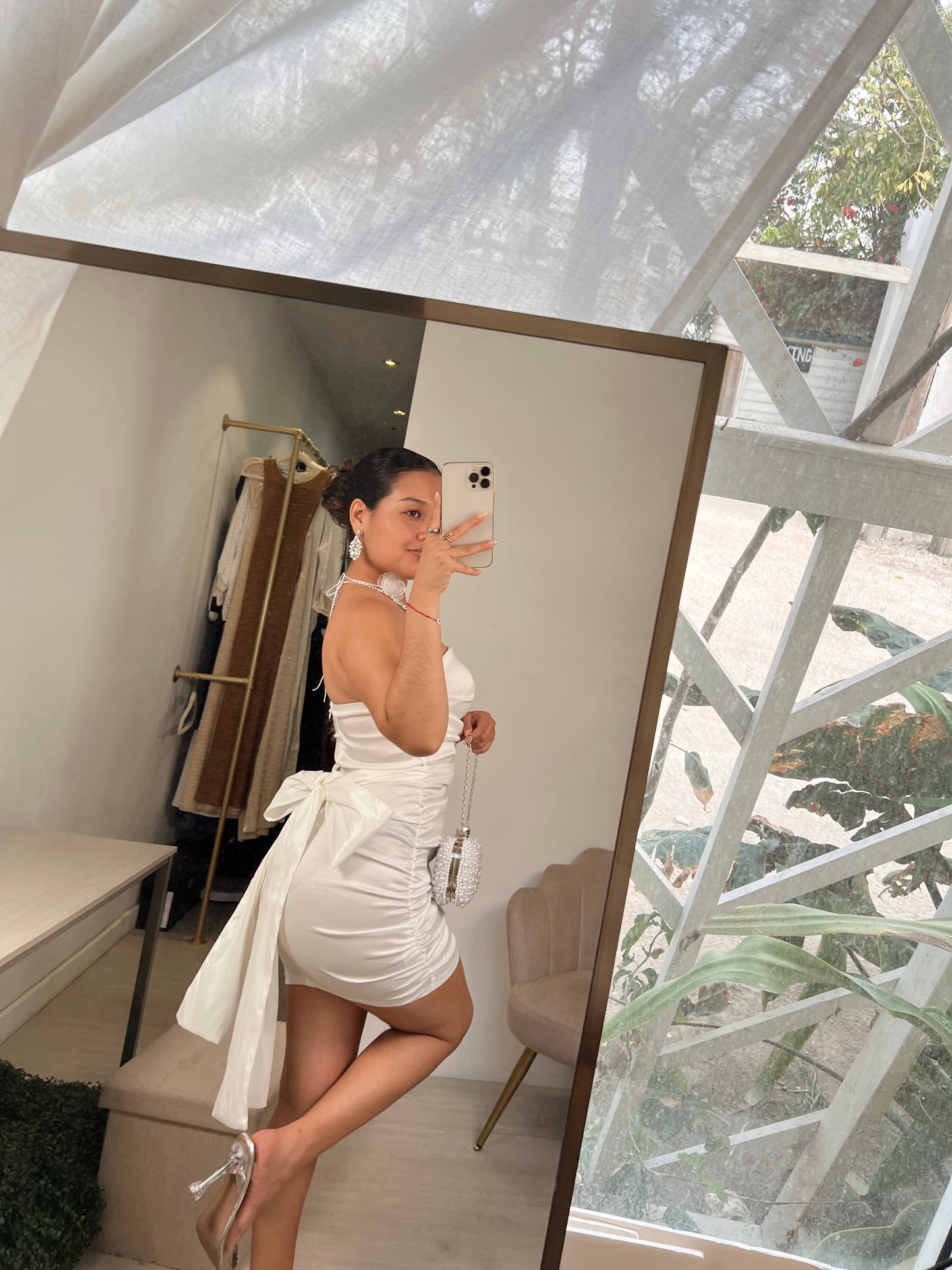 White Metallic Tube Bow Mini Dress