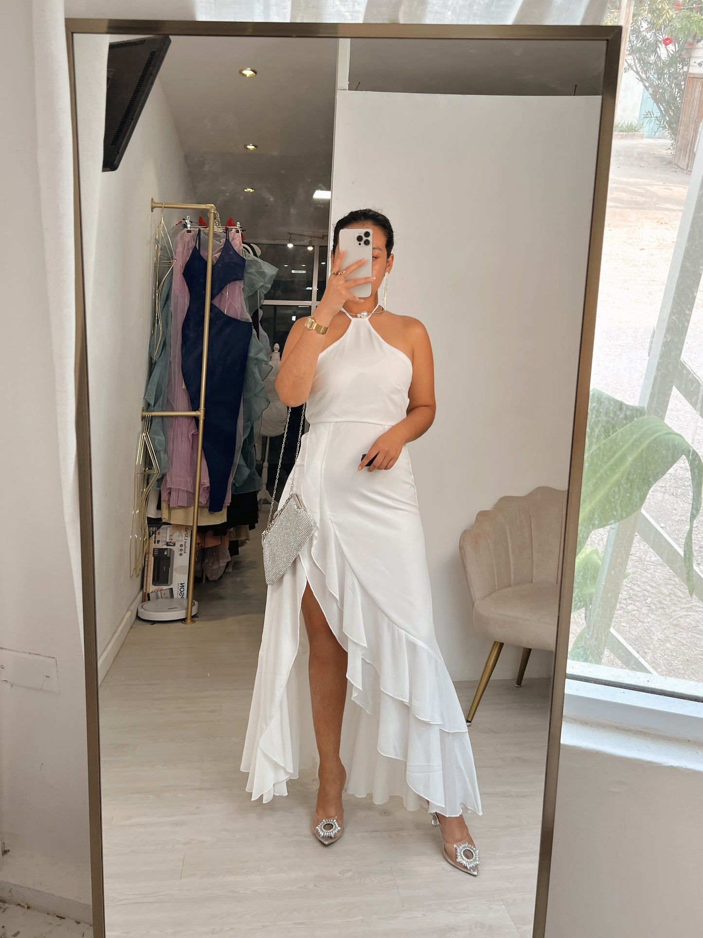 White layered Halter Ruffle Hem Maxi Dress