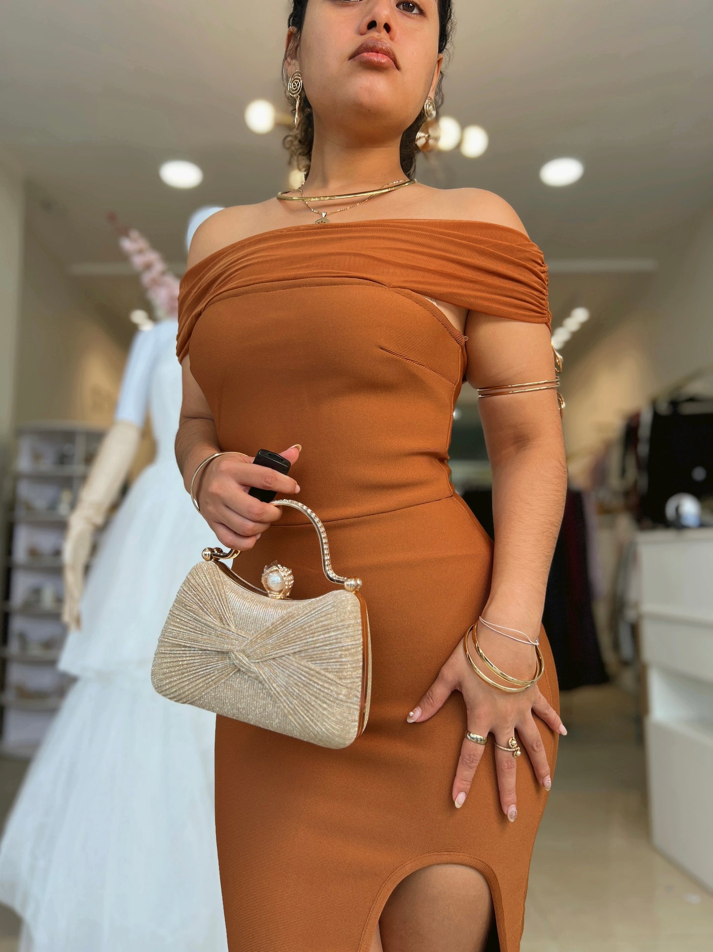 Burnt Orange Bandage Bardot Maxi Dress