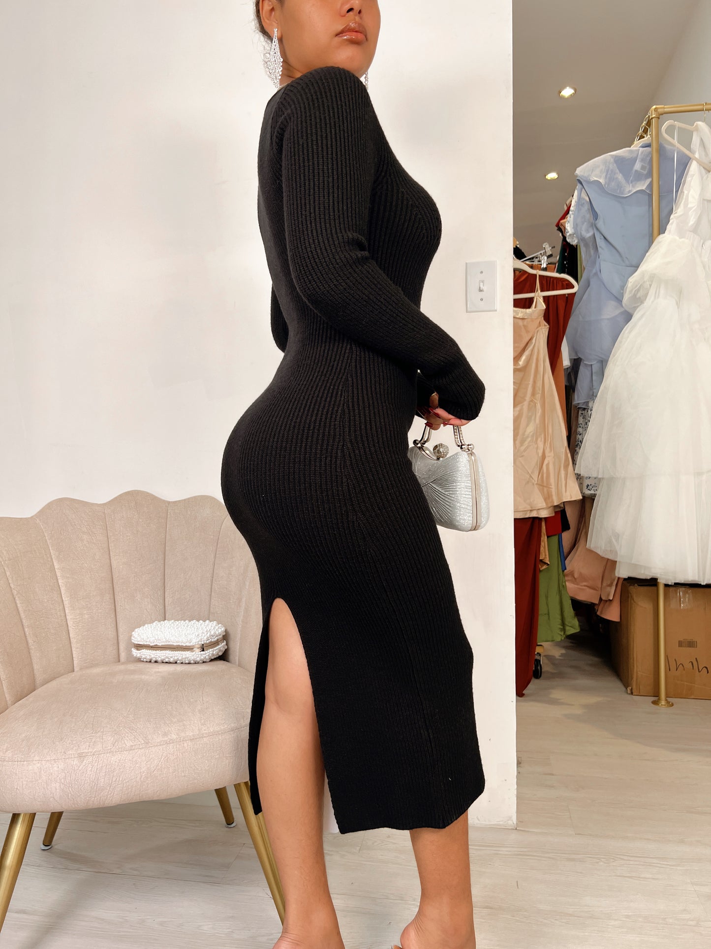 Black Rib-knit Sweater Midi Dress