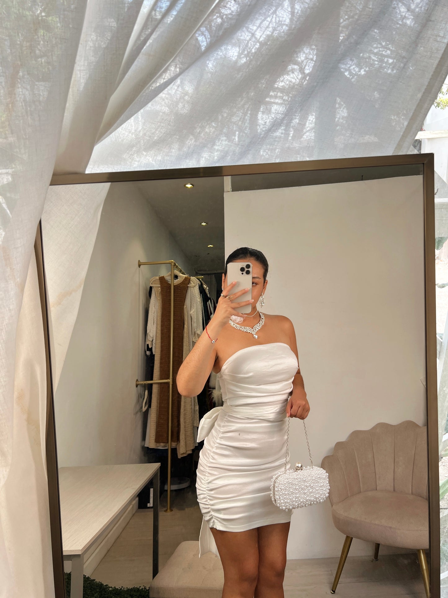 White Metallic Tube Bow Mini Dress