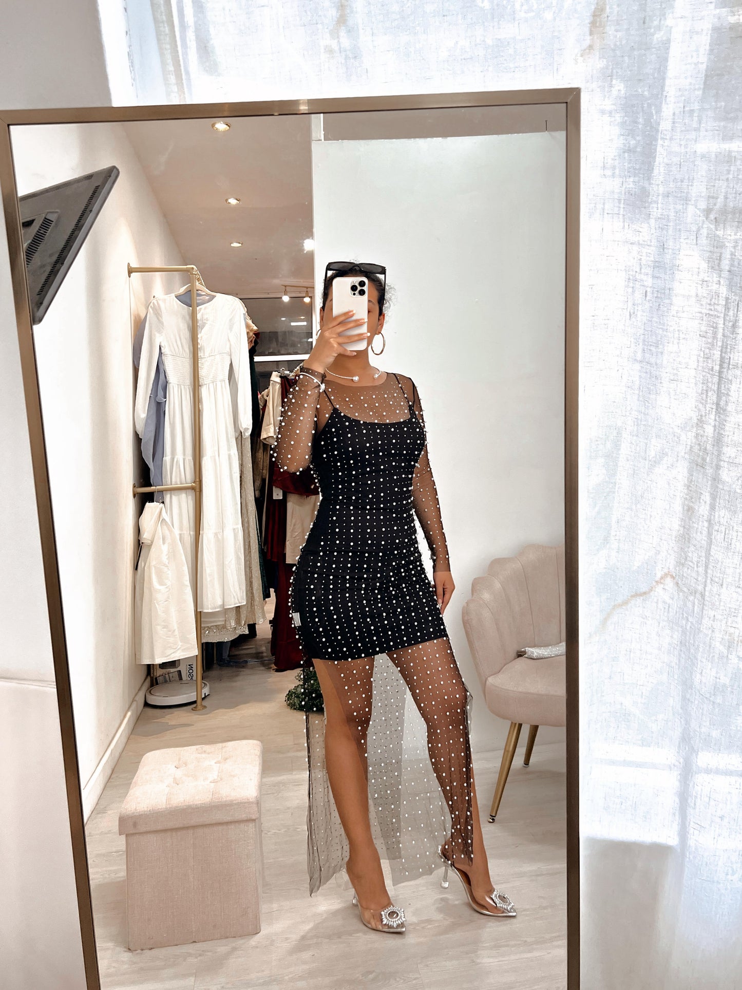 Black Mesh Rhinestone & Pearls Cover Only