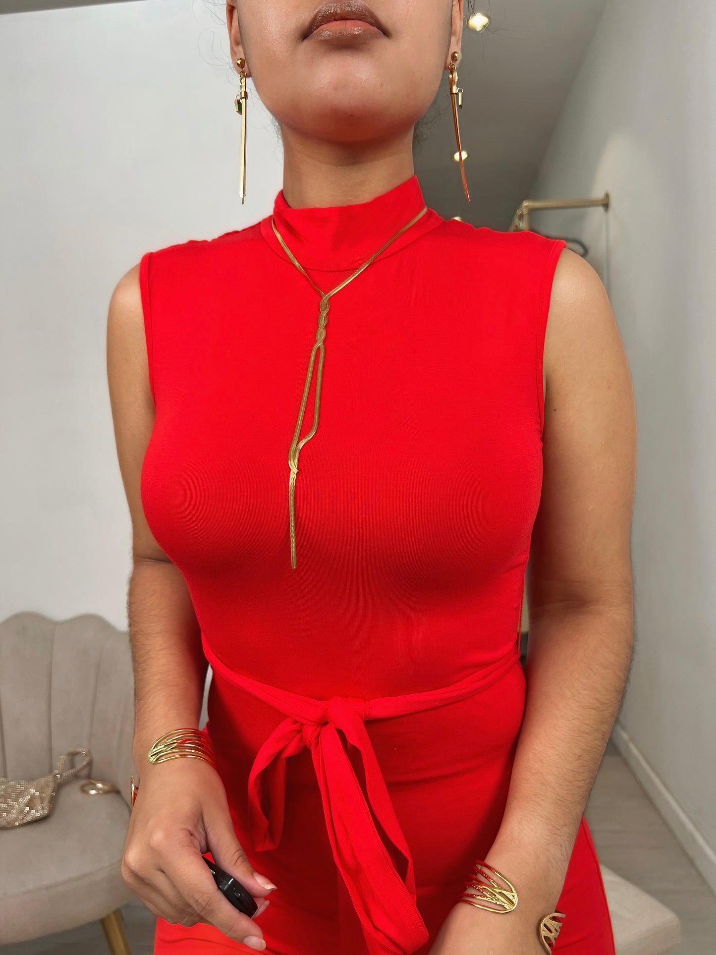 Bright Red Tie Waist Bodycon Slimfit Midi Dress