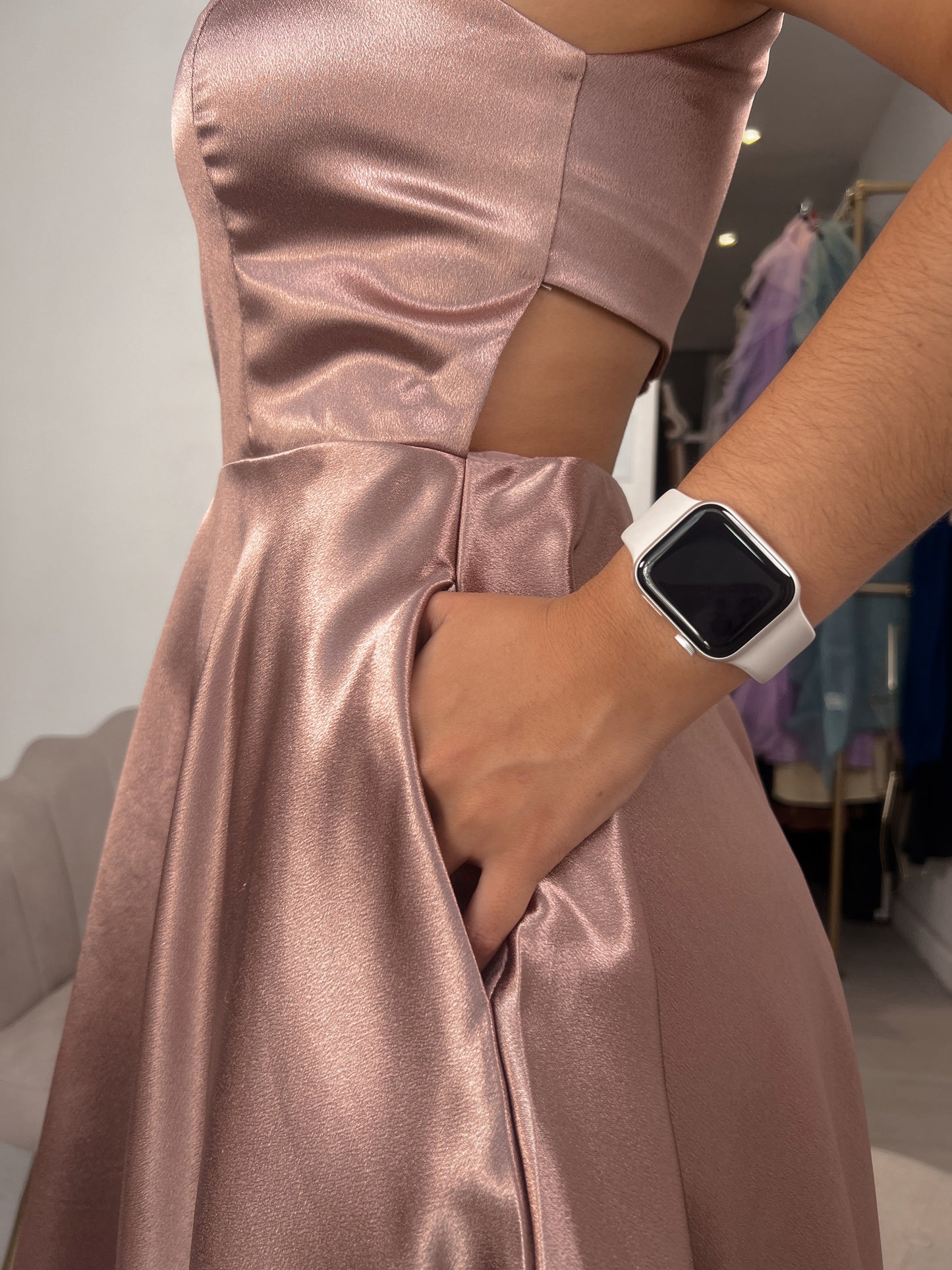 Dusty Pink Metallic Satin Cocktail Dress