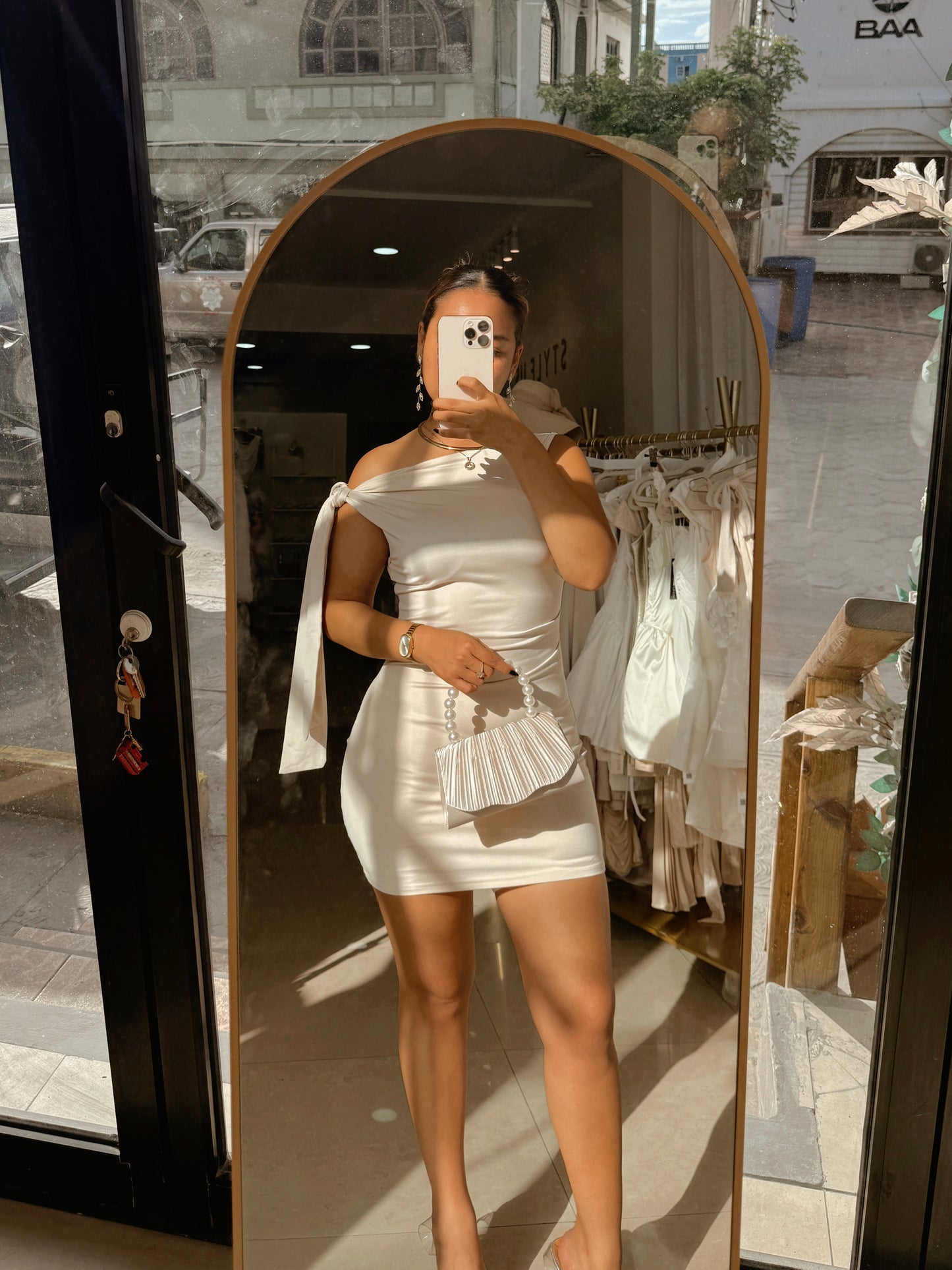Cream Beige Tie Shoulder Mini Dress