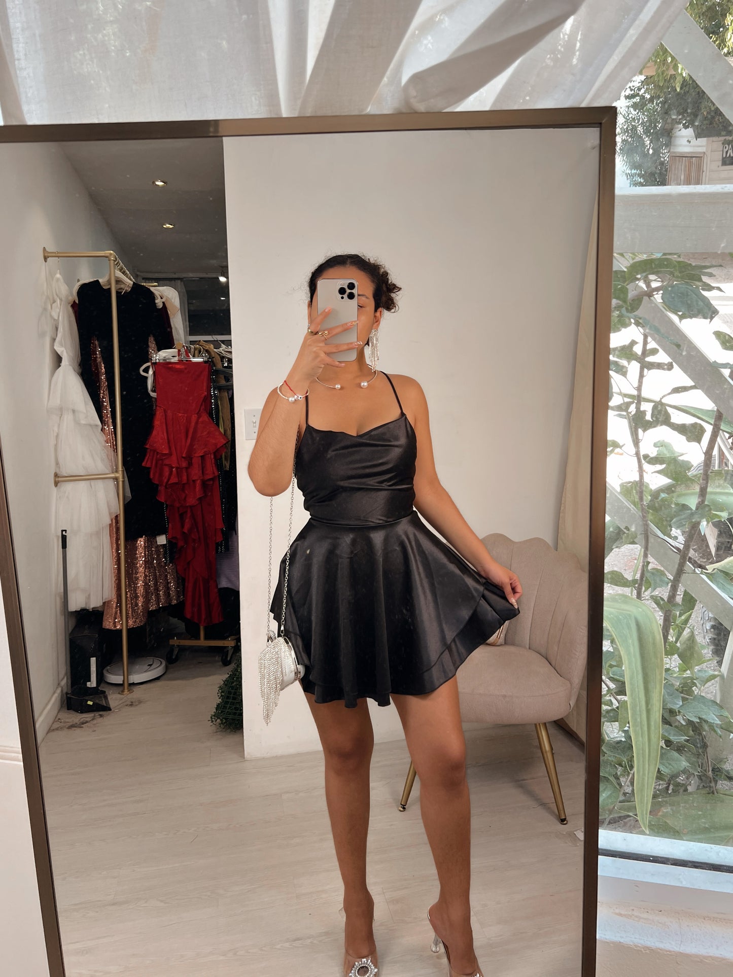 Black Satin Laced Back Ruffle Mini Dress