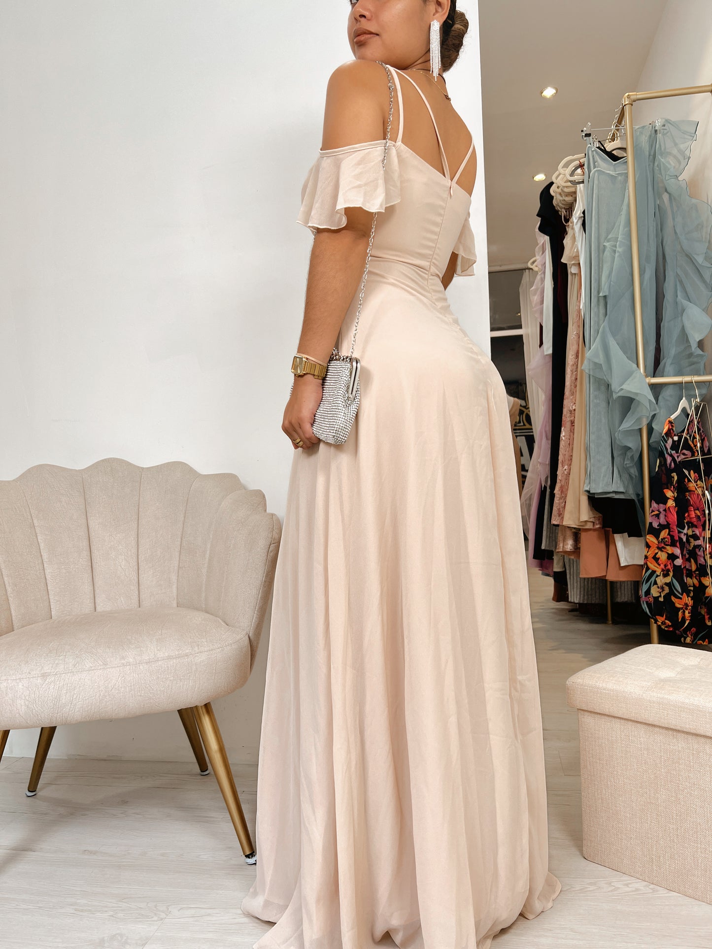 Nude Crisscross Strap A-Line Maxi Dress