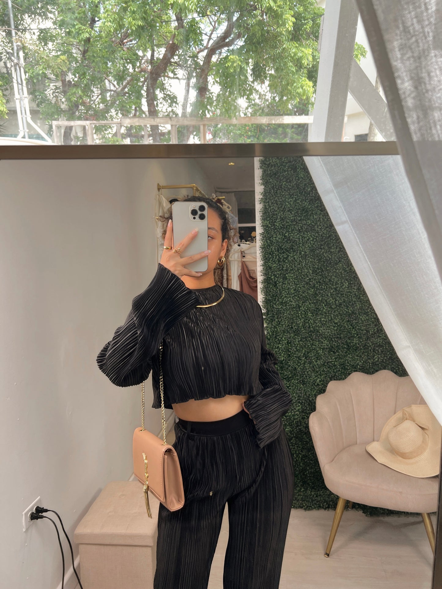 Black Crinkled Sleeved Pants Set