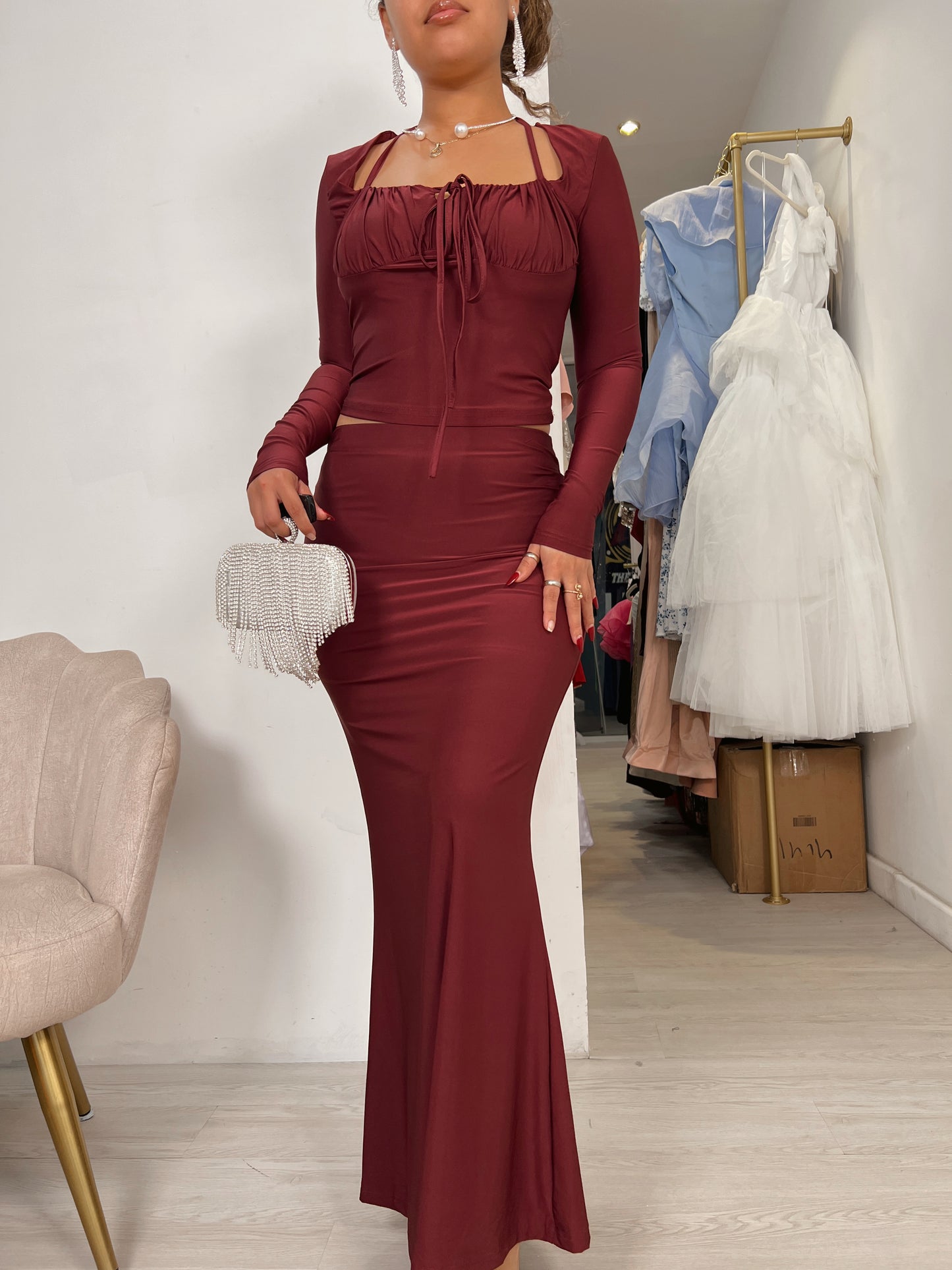 Wine Sleeved Maxi Skirt Set