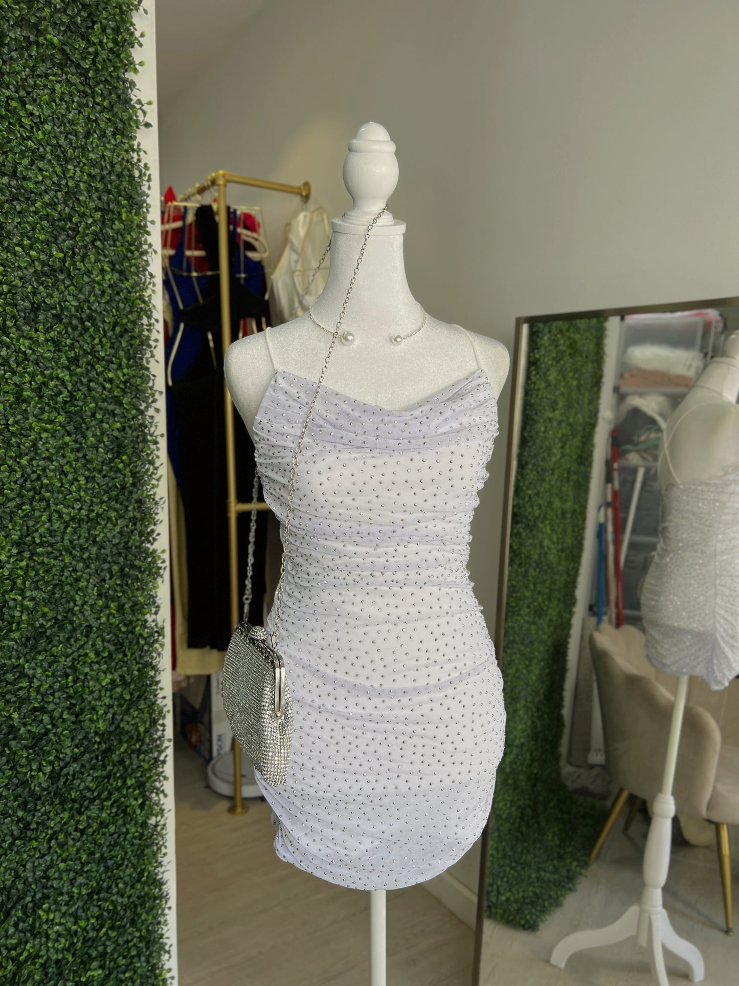 White Rhinestone Embellished Mini Dress