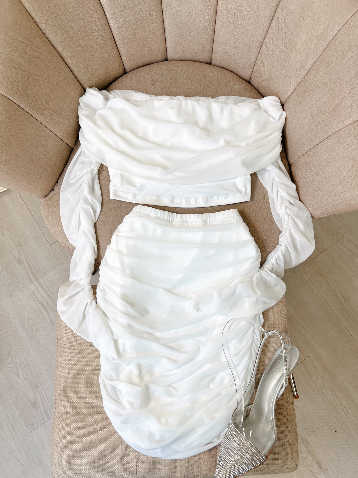 White Off Sleeve Mini Skirt Set