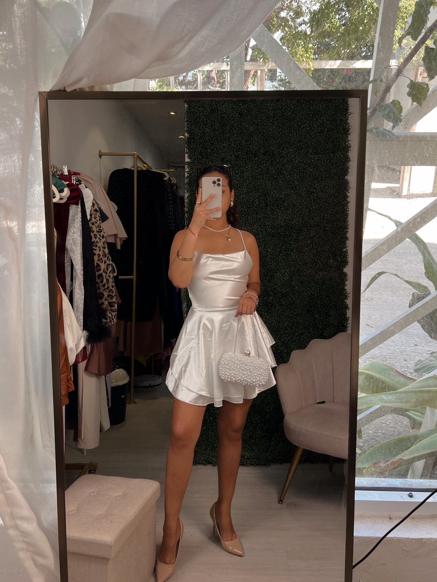 White Satin Blend Laced Ruffle Mini Dress