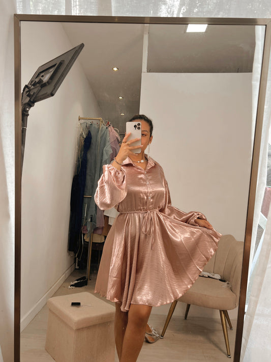 Pink Metallic A-Line Bishop Sleeve Dress