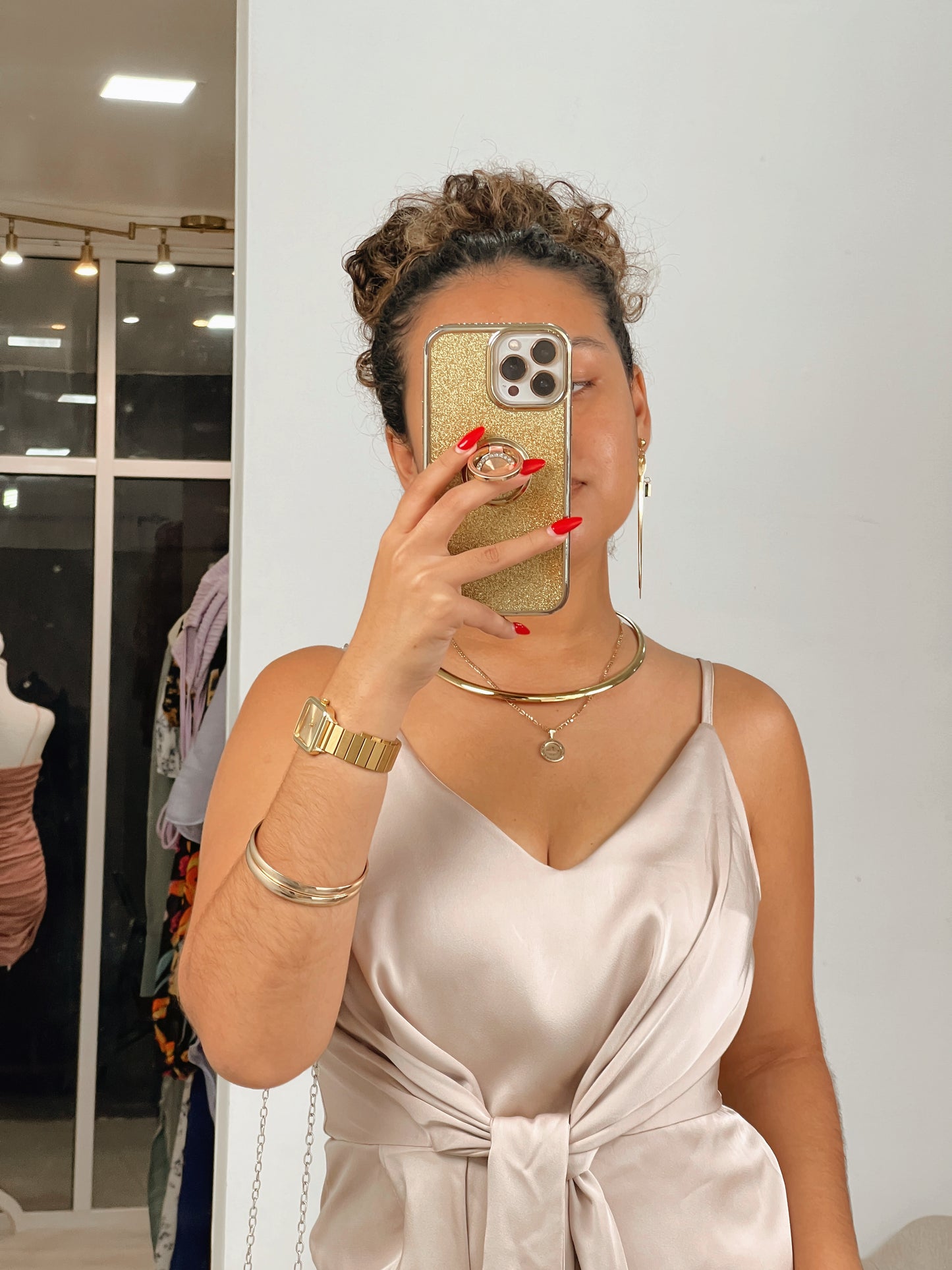 Beige Satin Tie Front Midi Dress