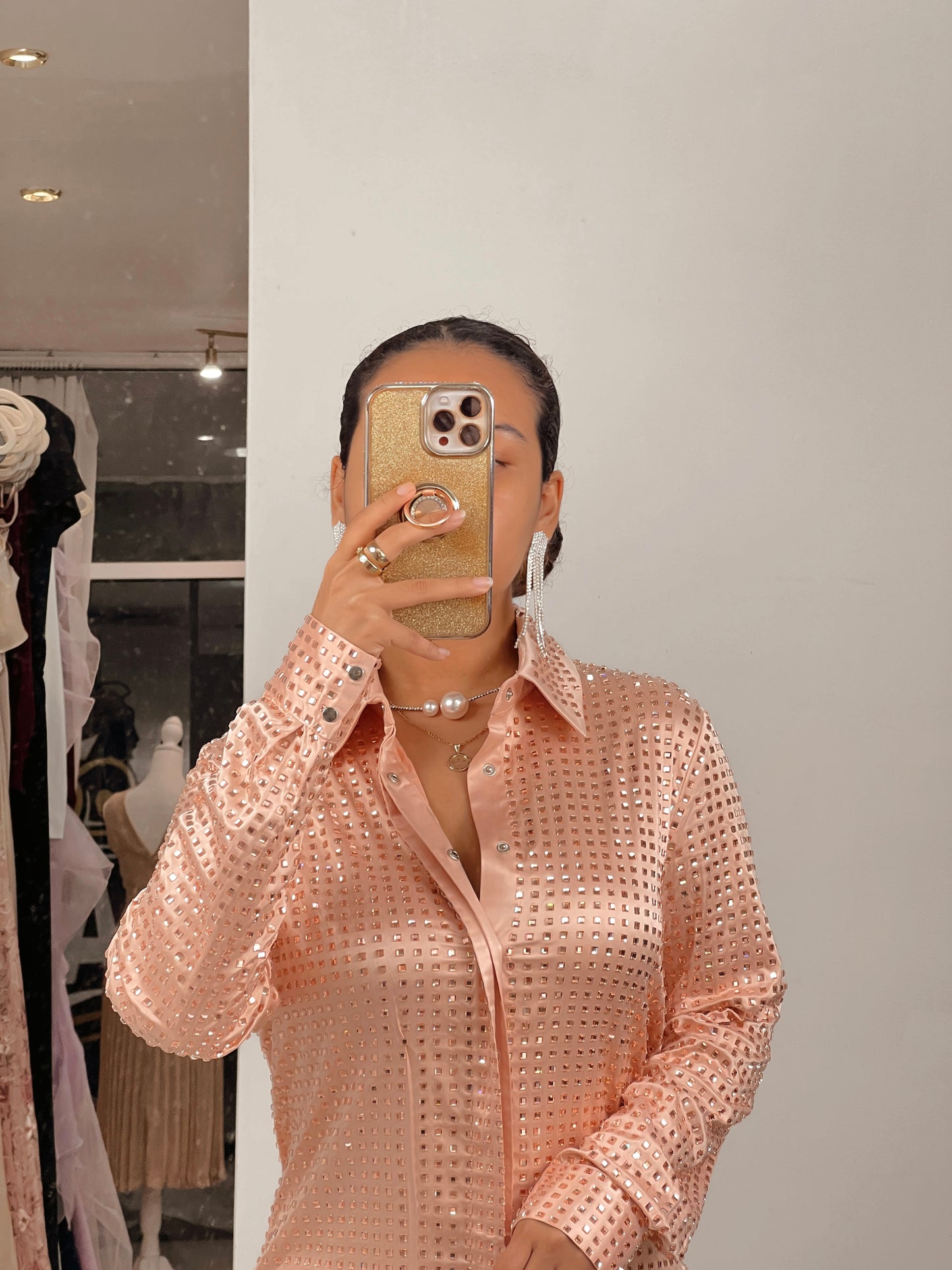 Rose Pink Embellished Luxe Button Dress