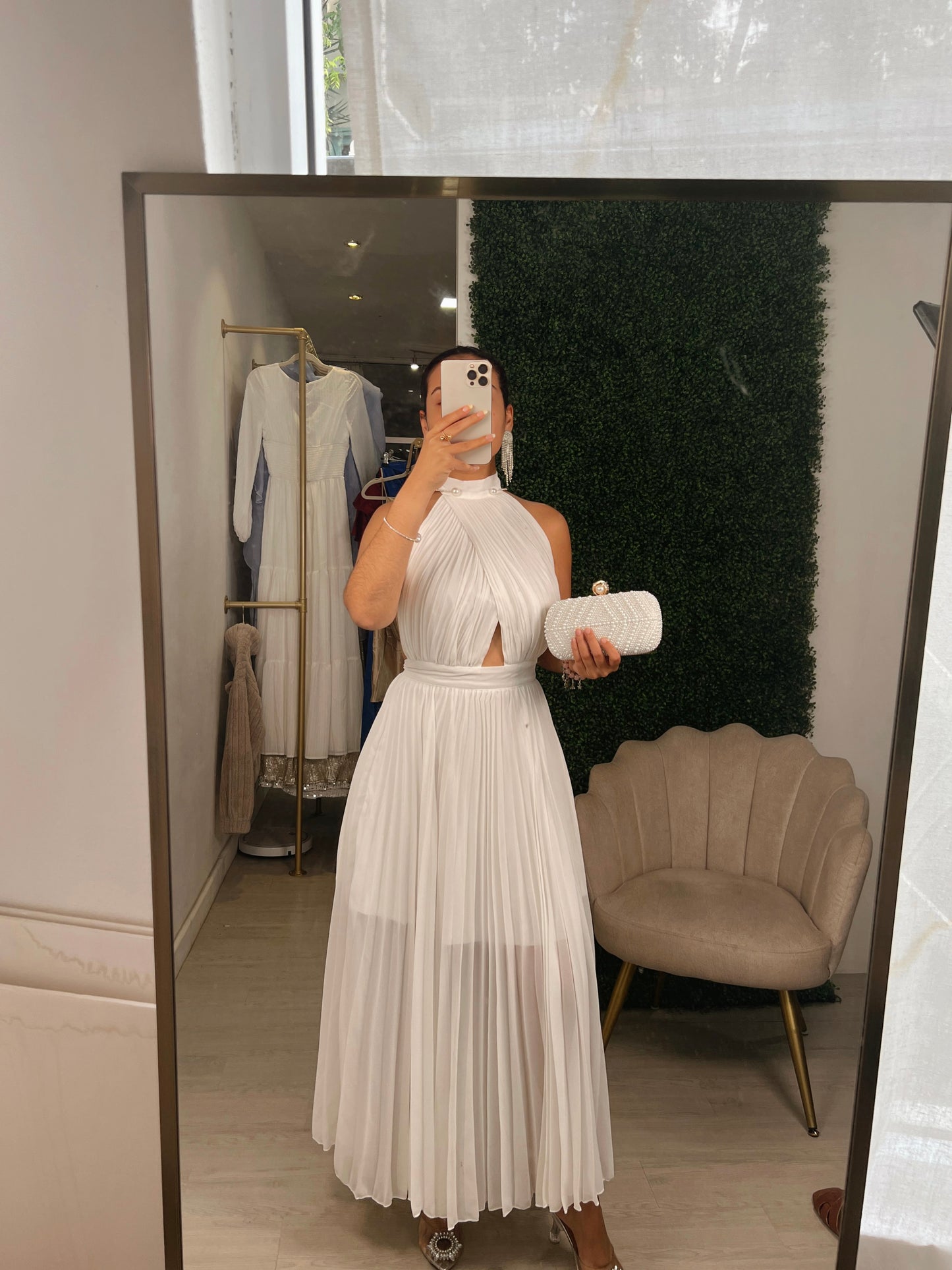 White Halter Pleated Backless Maxi Dresx