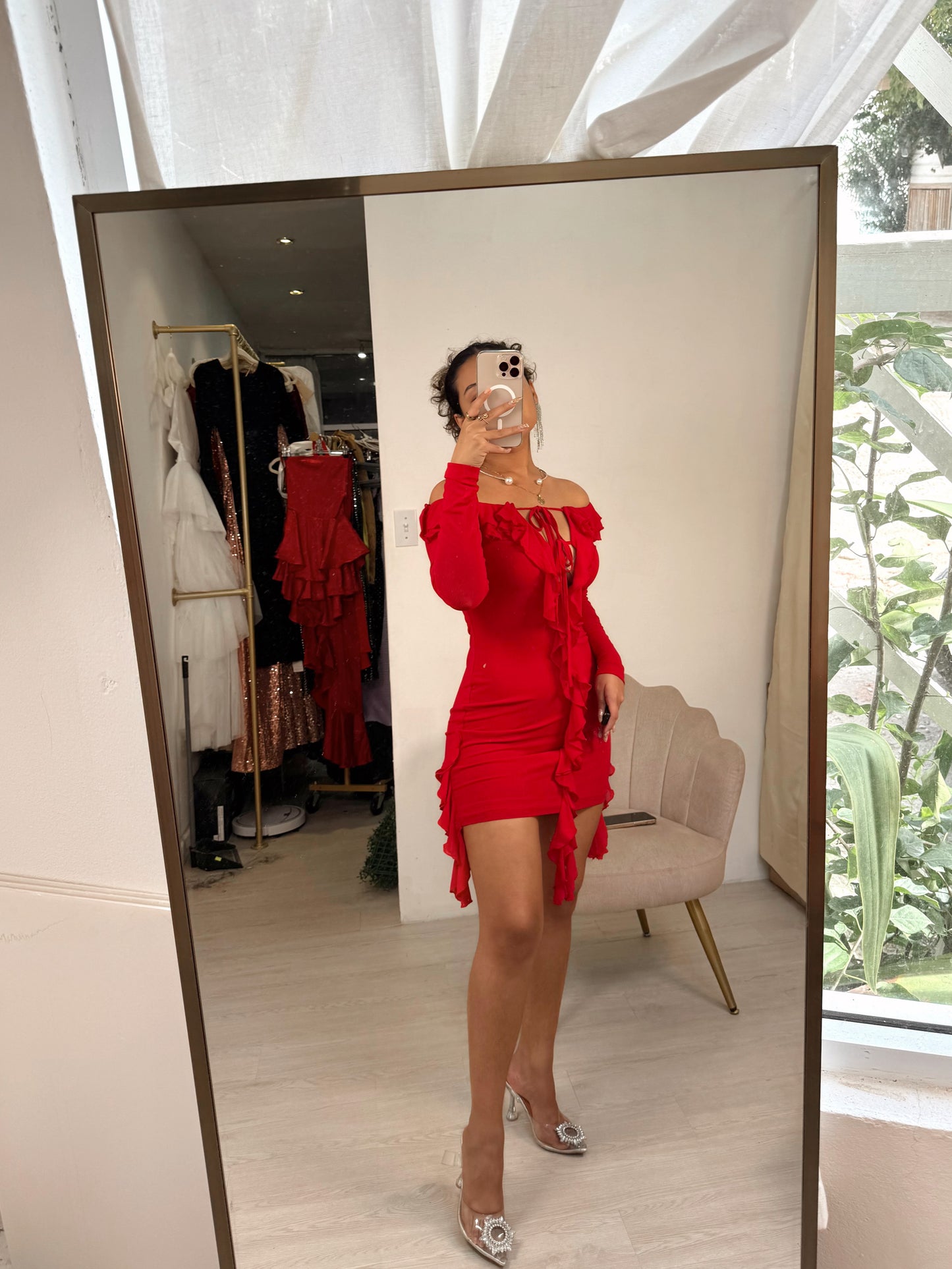 Red Ruffle Sleeved Mini Dress