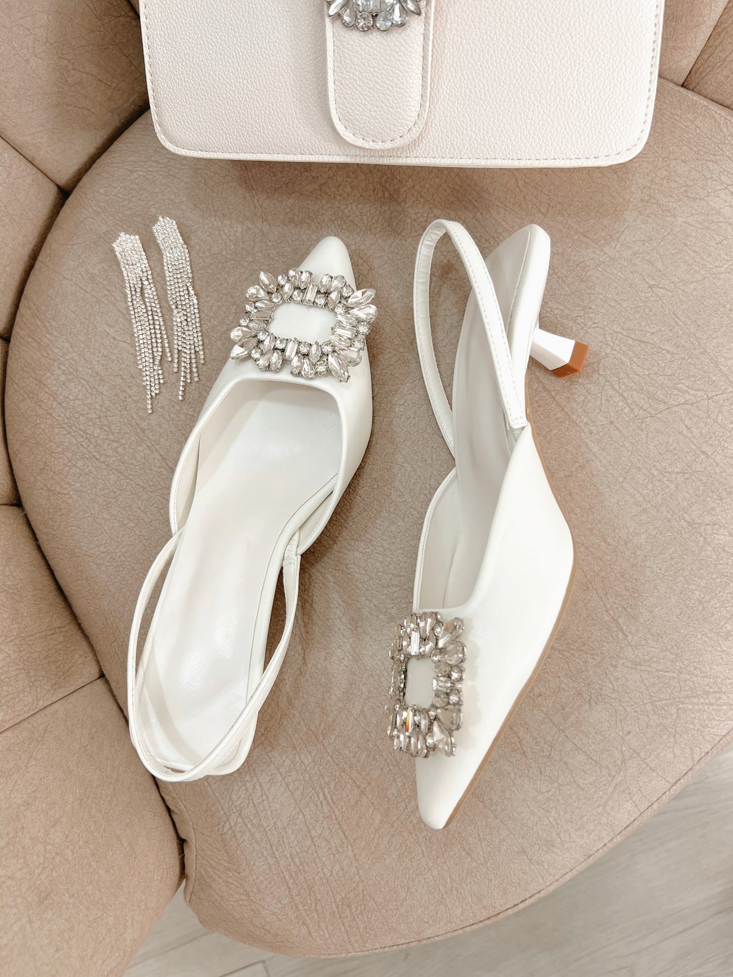 White Pendant Sling Back Pumps Only