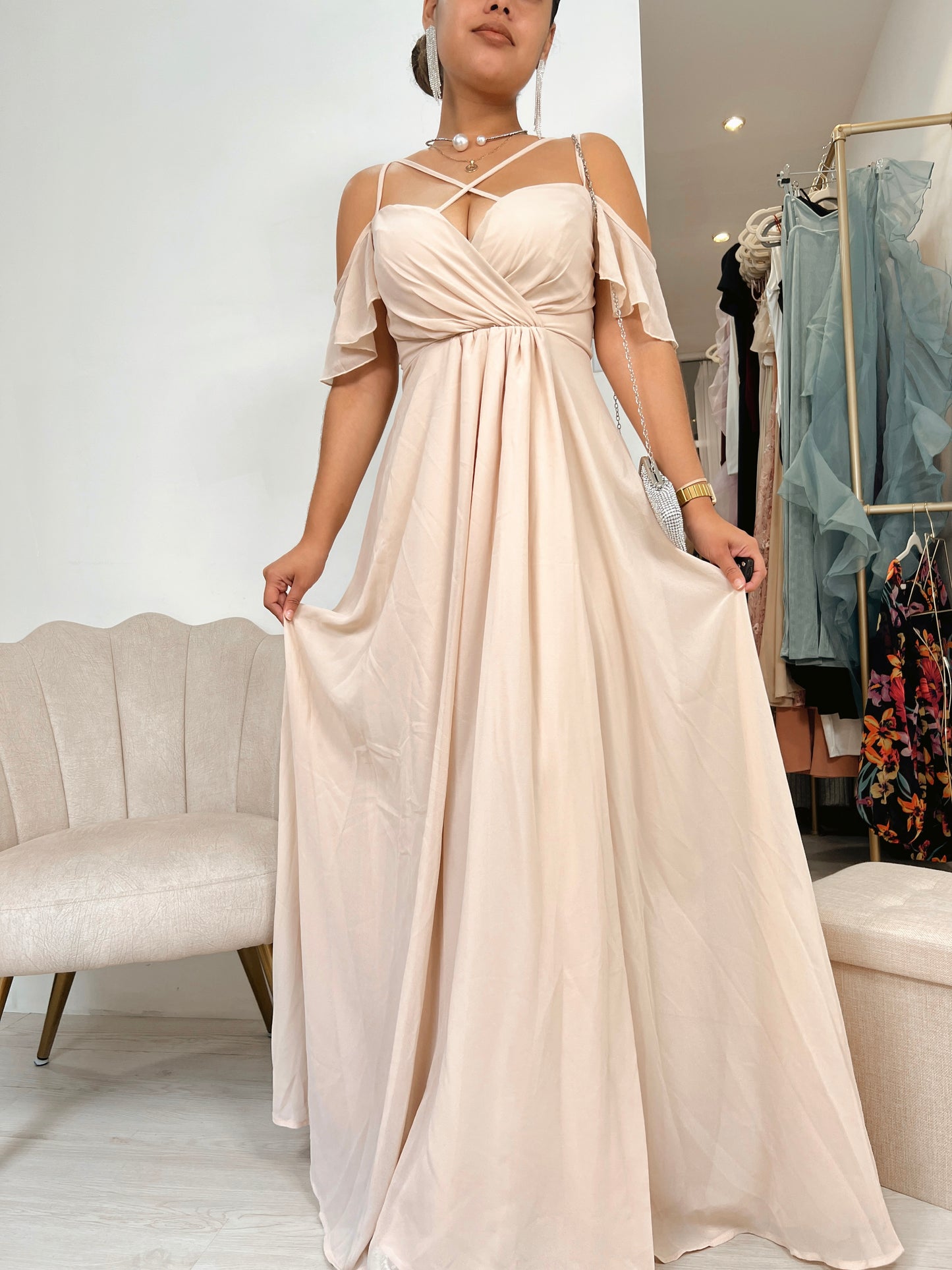 Nude Crisscross Strap A-Line Maxi Dress