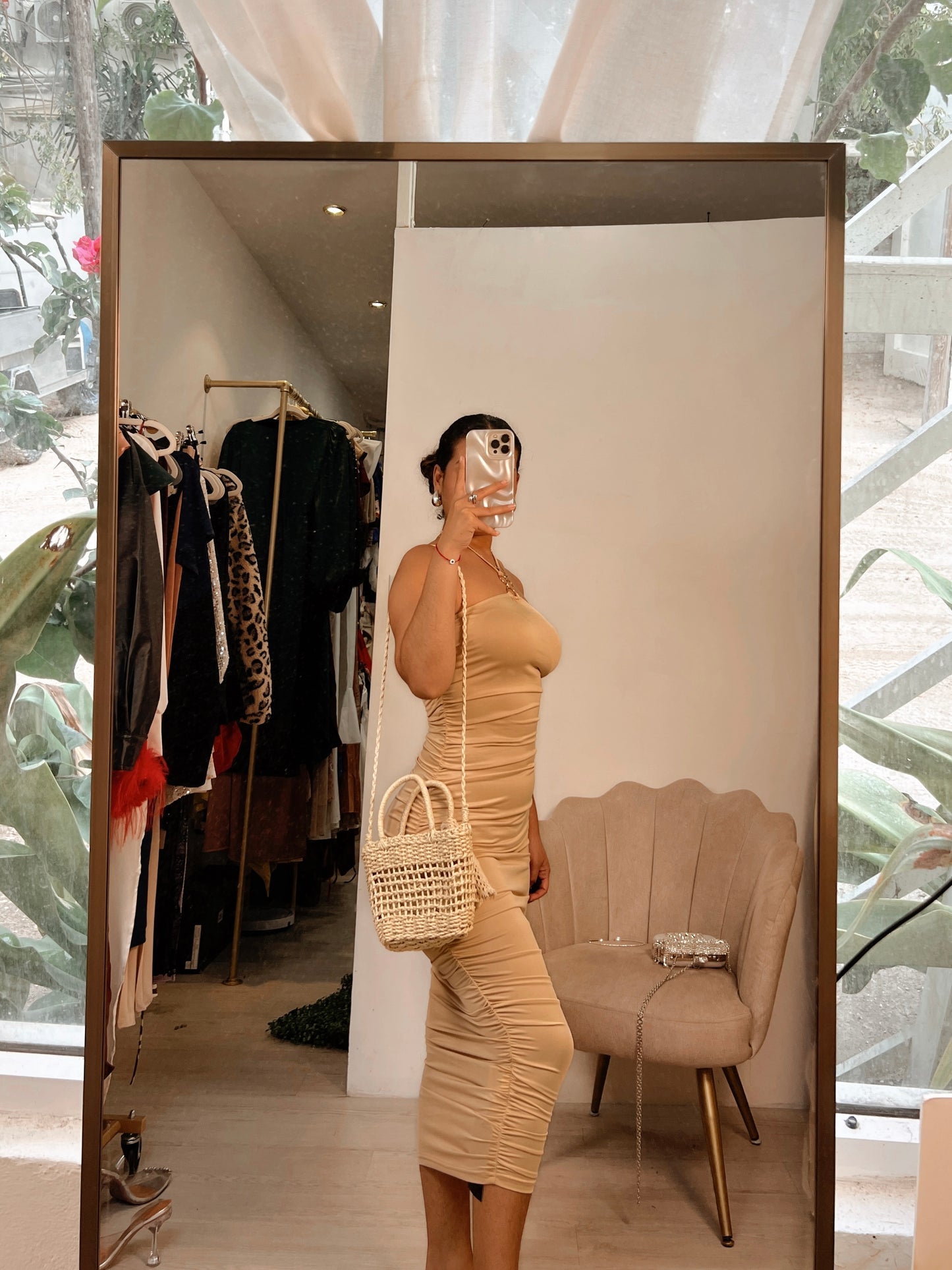 Beige Halter Ring Midi Dress