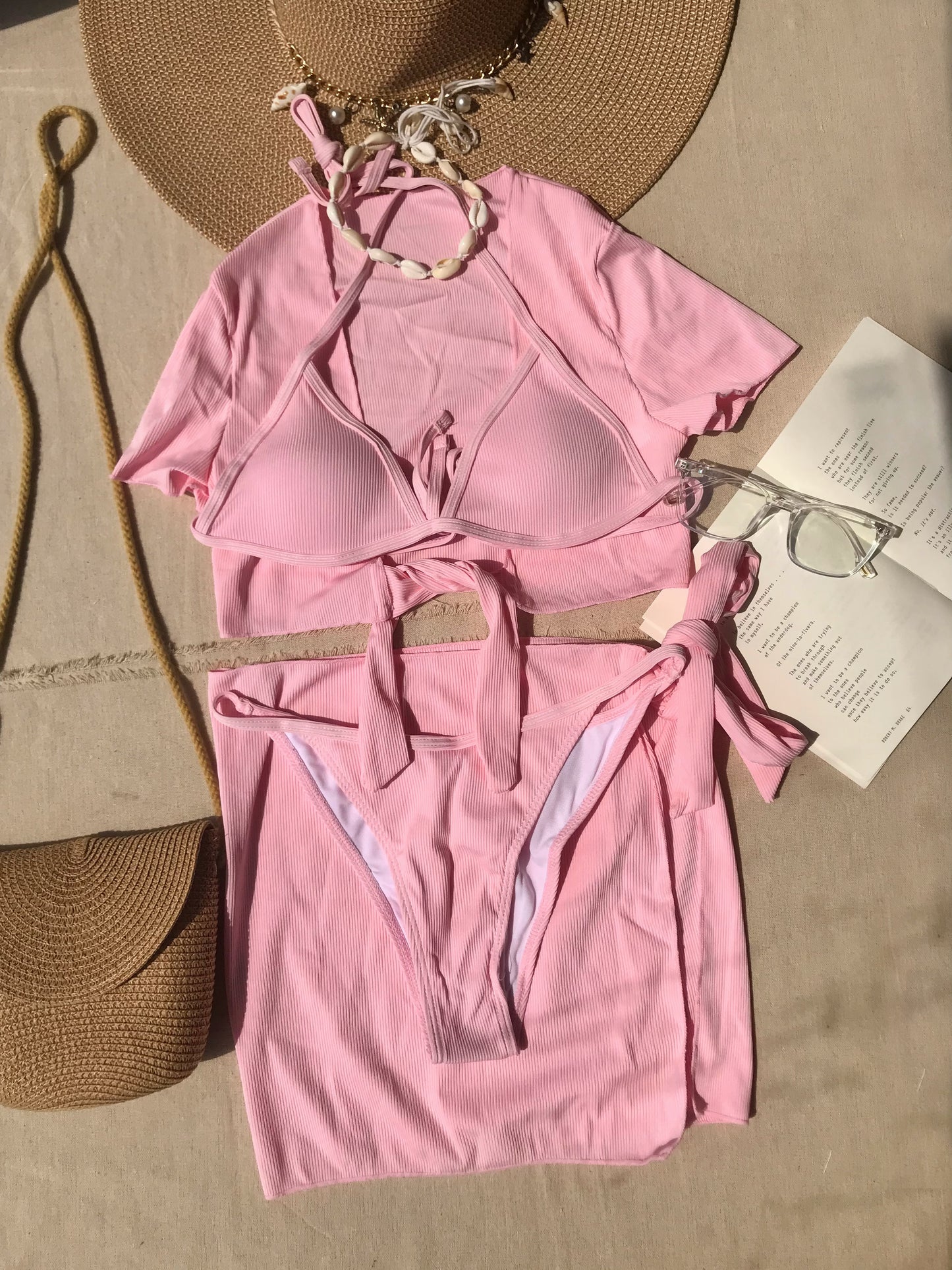 4pc Pink Ribbed Bikini Set