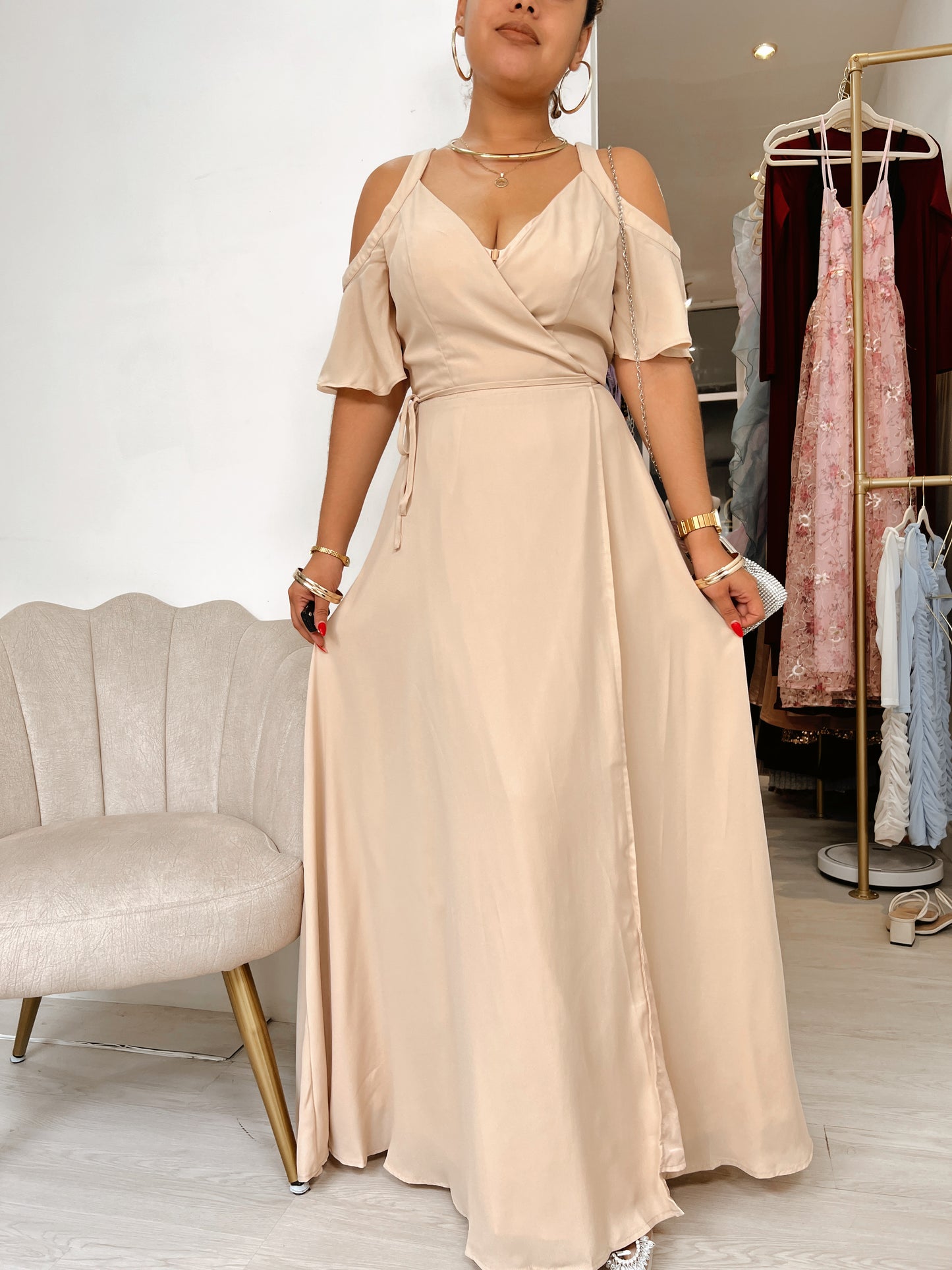 Cream Wrap Tie Waist Maxi Dress