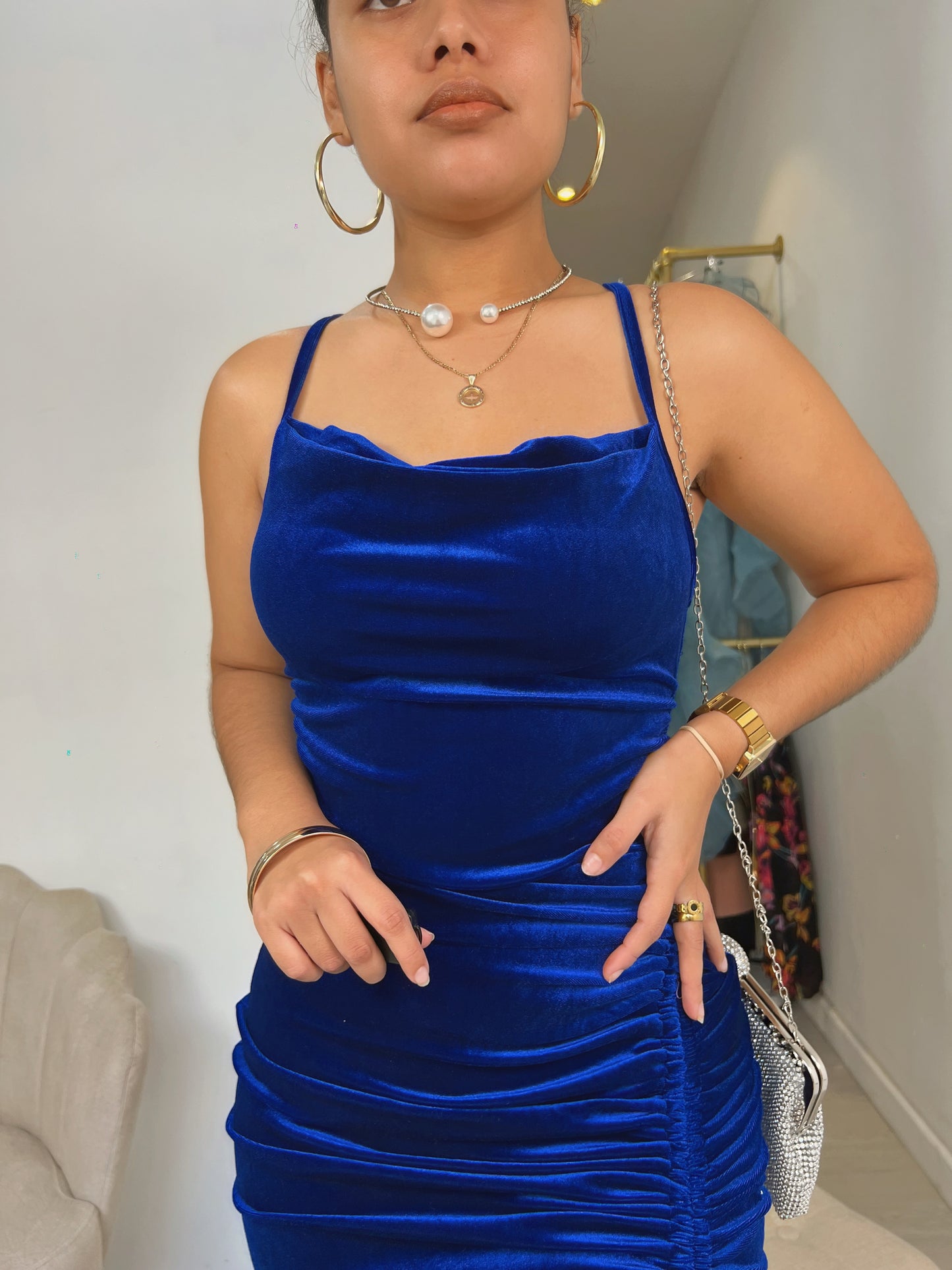 Royal Blue Velvet Drawstring Midi Dress
